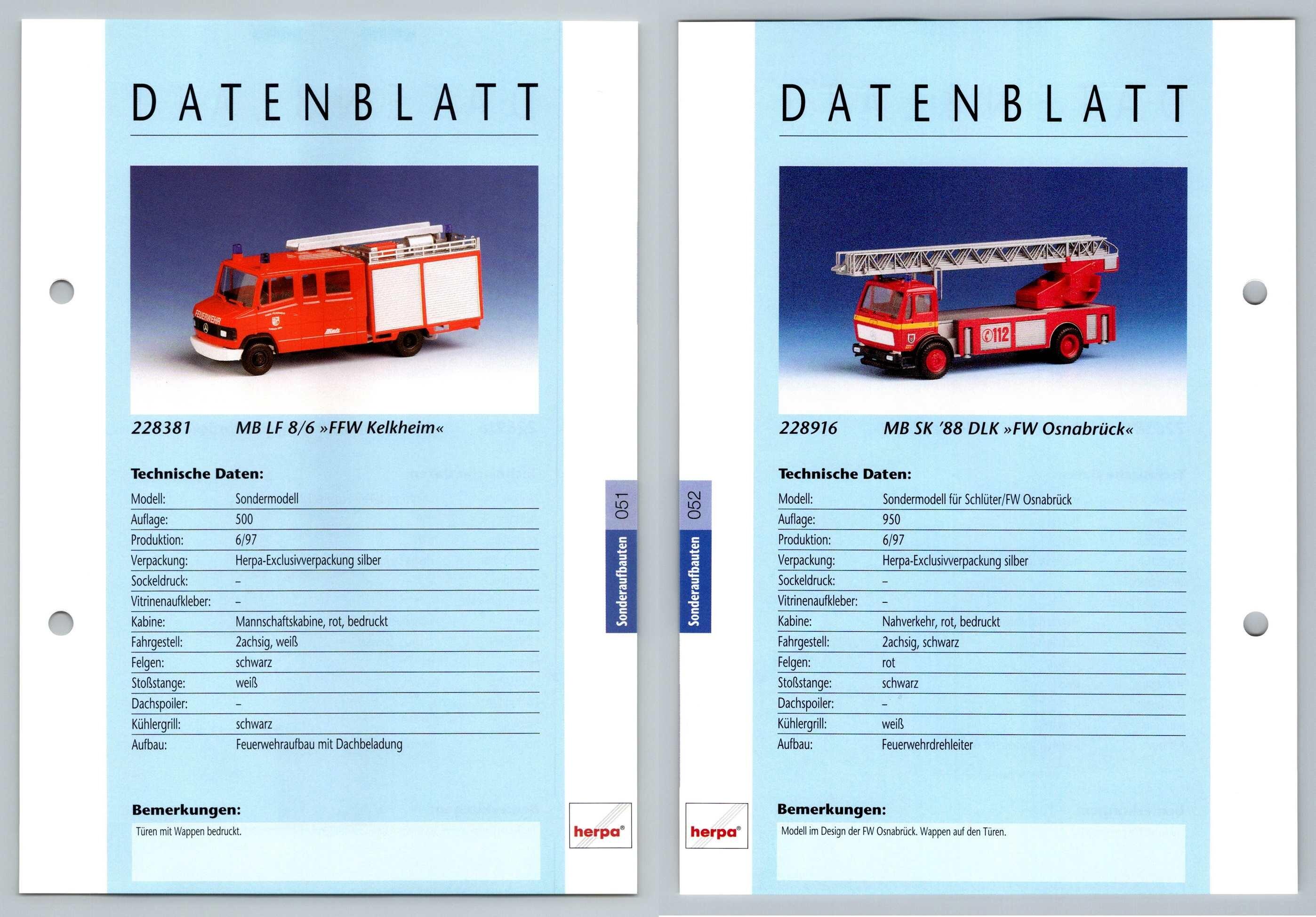MB LF 8/6 MB SK '88 DLK #51/2 Sonderaufbauten Datenblatt Herpa Data  Sheet