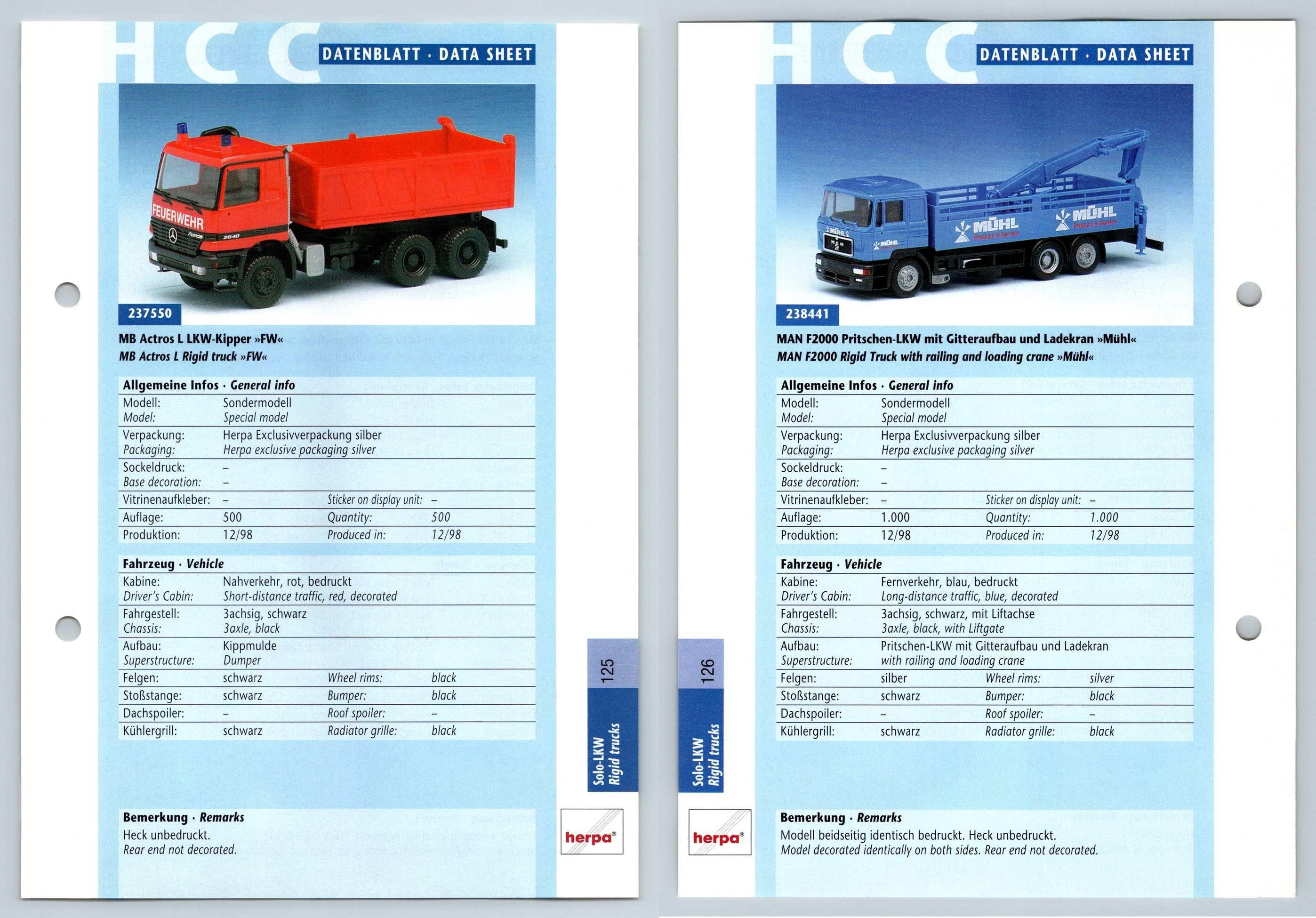 Mb Actros L Man F2000 125 6 Solo Lkw Datenblatt Herpa Data Sheet