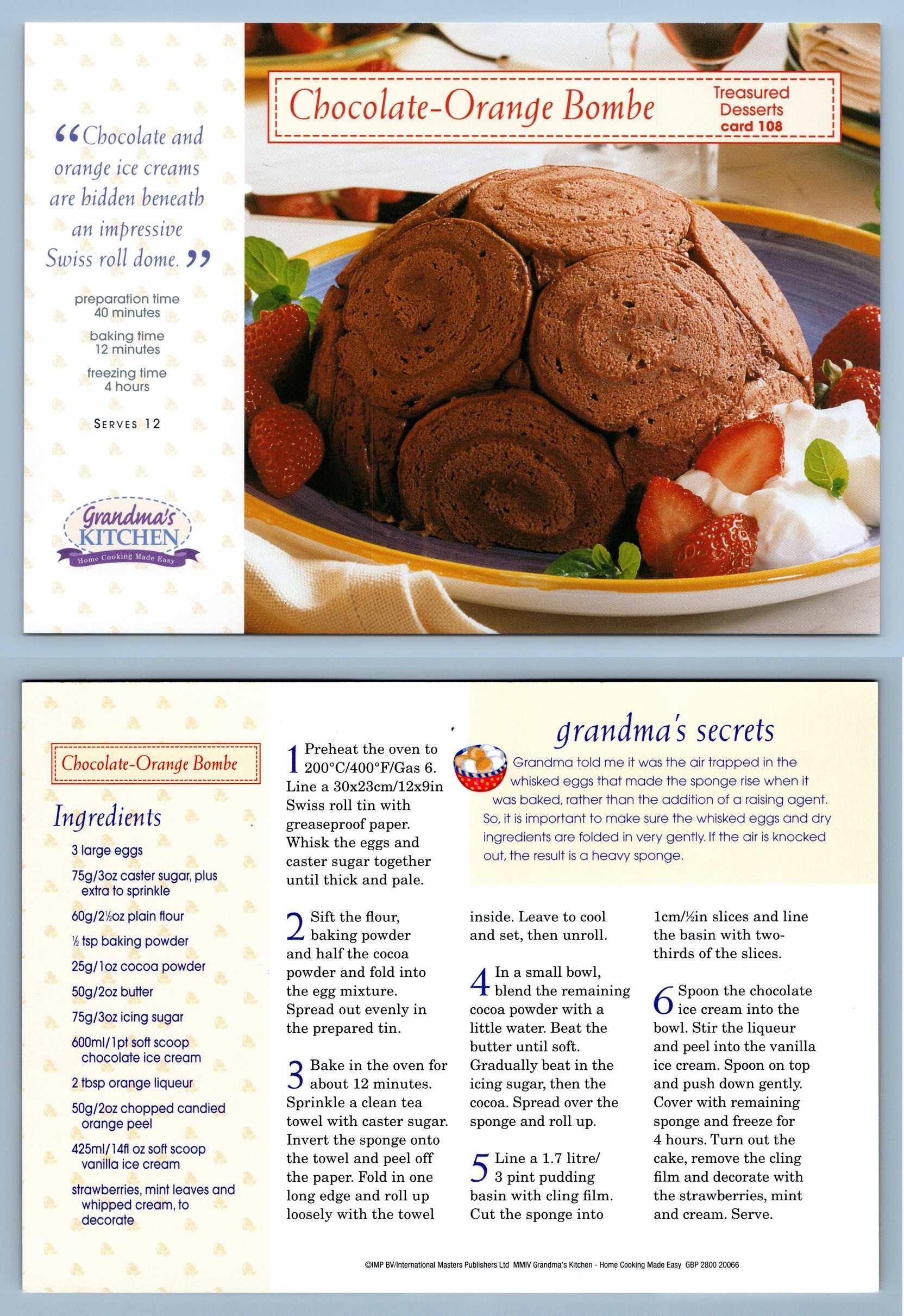 ChocolateOrange Bombe 108 Desserts Grandma's Kitchen Recipe Card