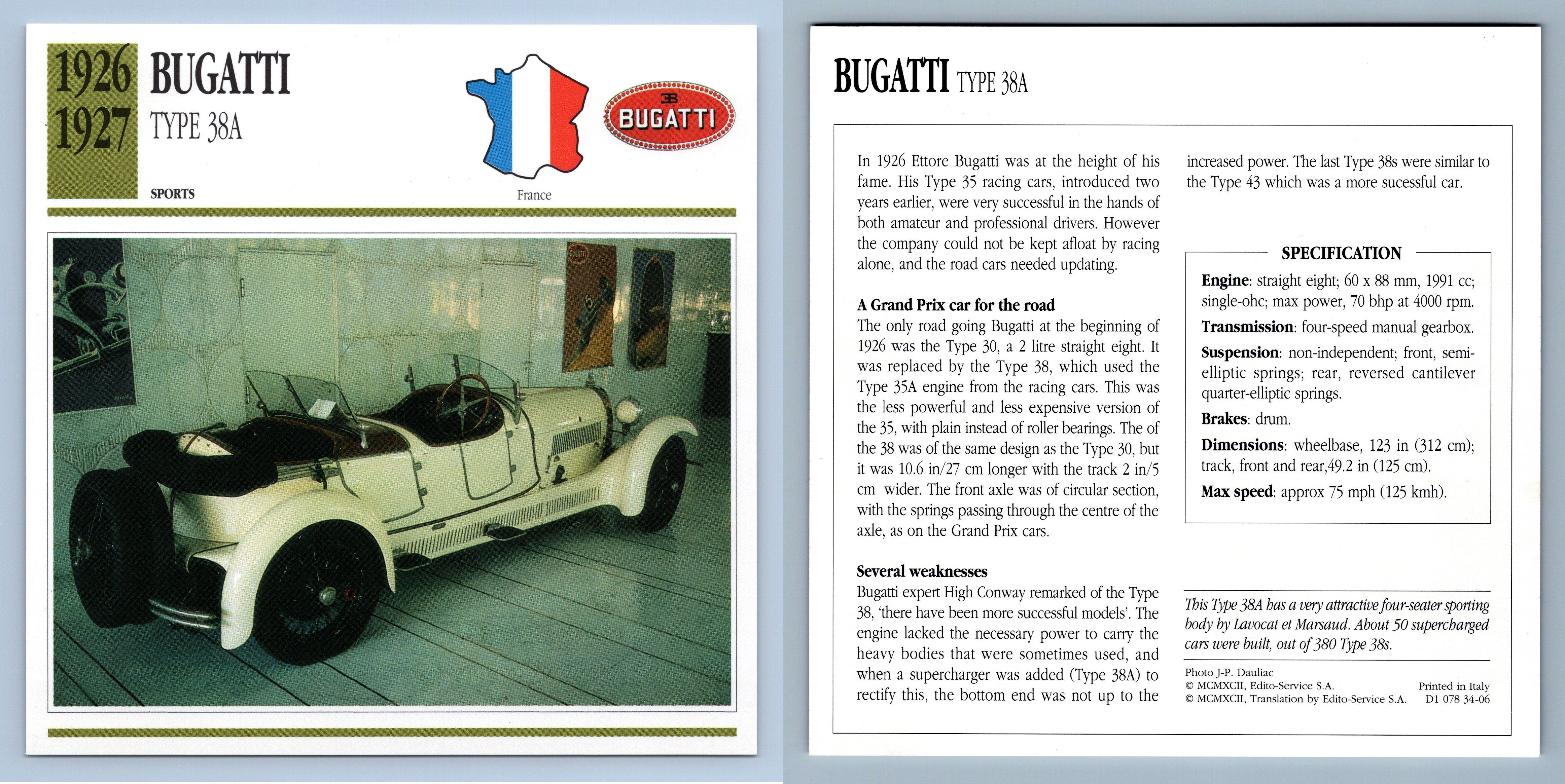 Bugatti - Type 38A - 1926-27 Sports Collectors Club Card - Foto 1 di 1