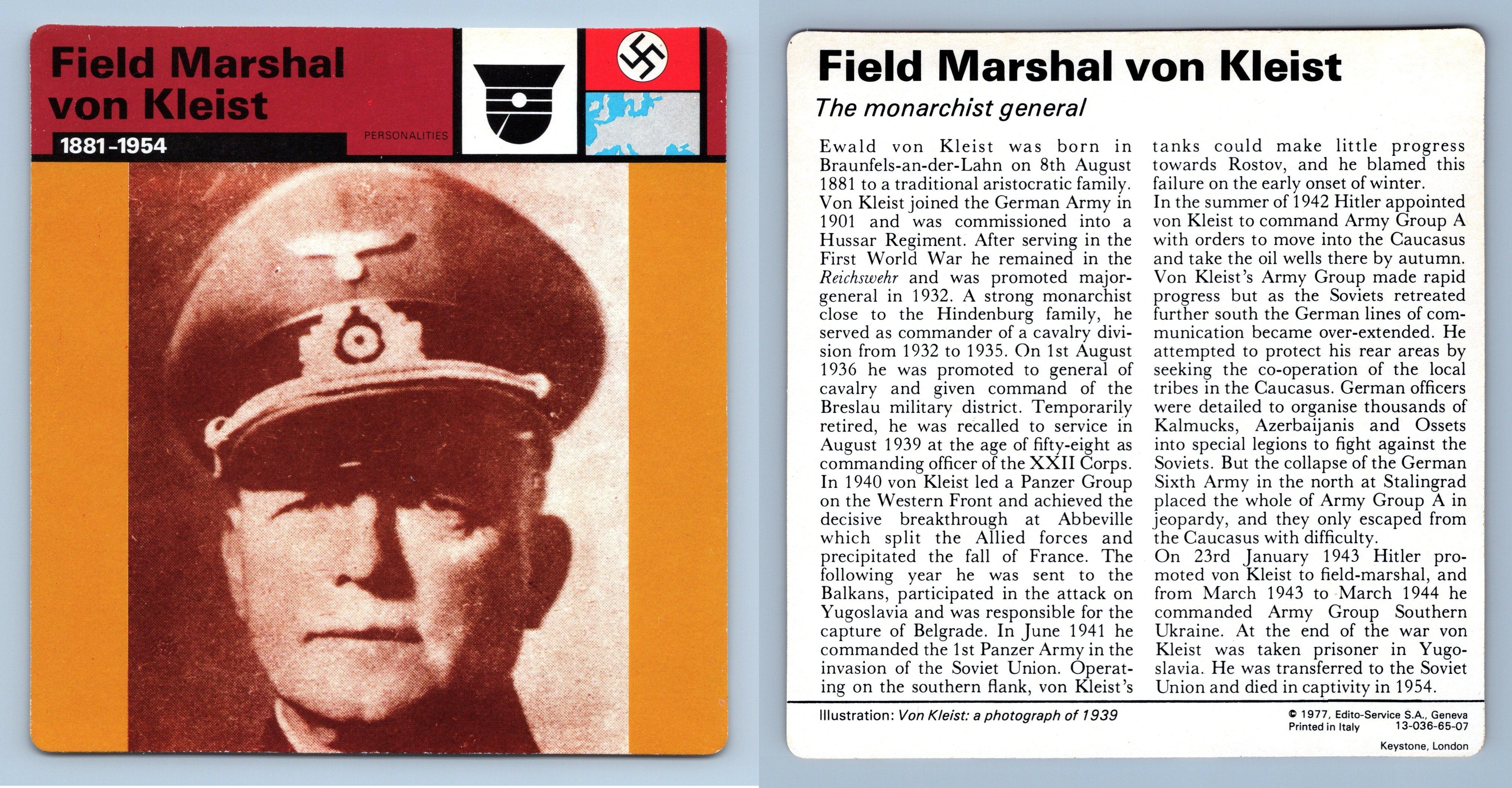 Field Marshal Von Kleist - Personalities - WW2 Edito-Service SA 1977 Card