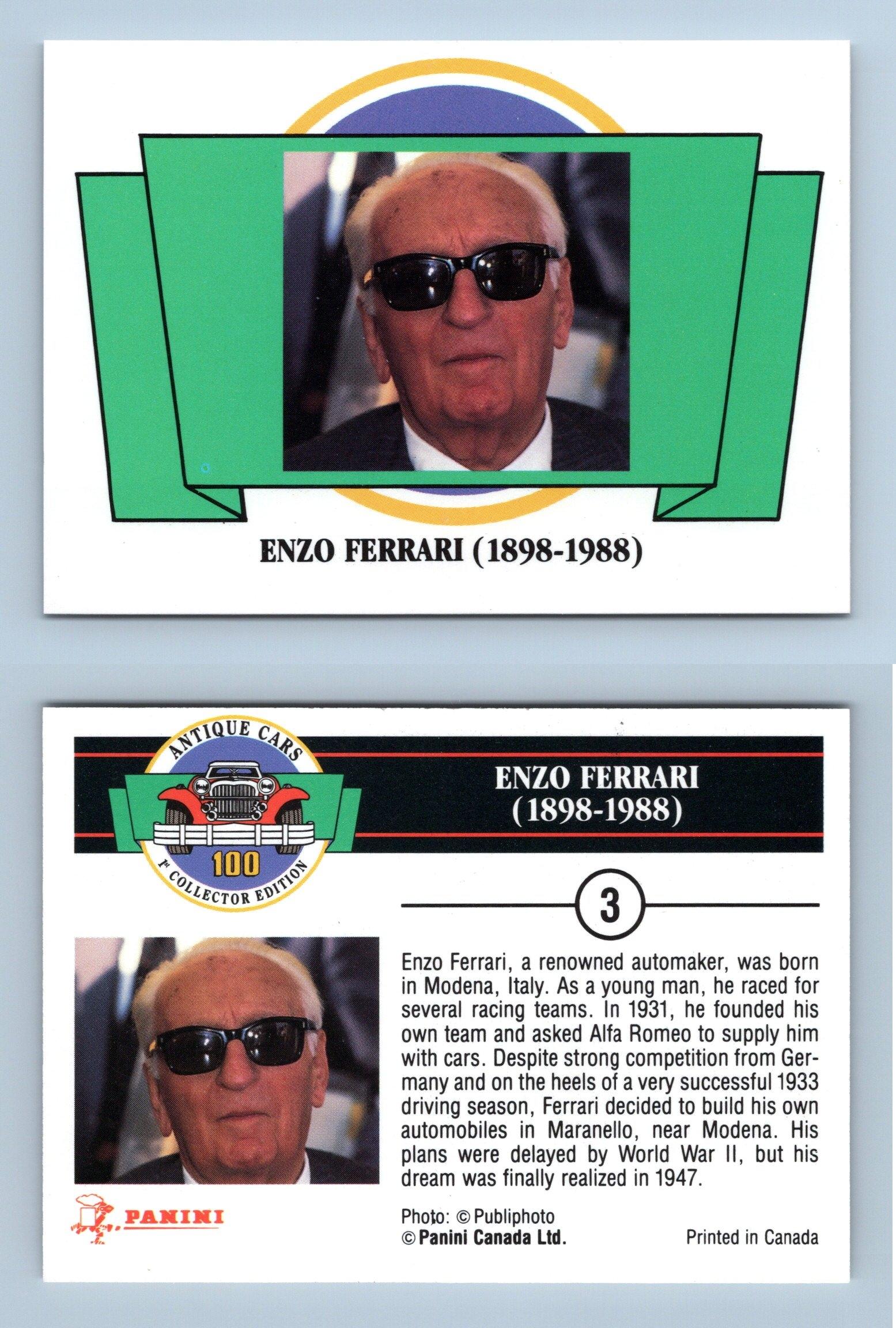 Enzo Ferrari (1898-1988) #3 Antique Cars 1992 Panini Trading Card