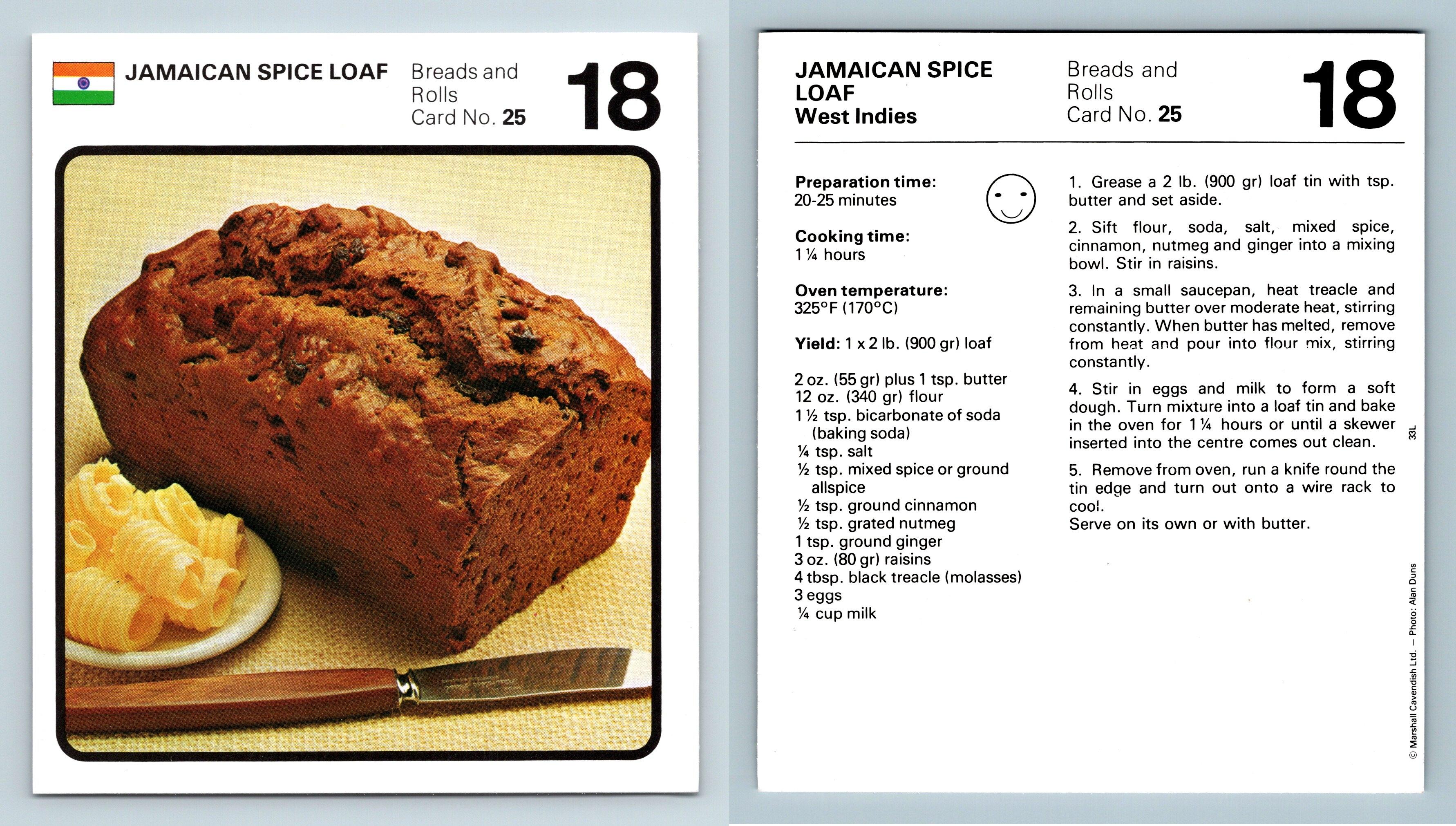 Jamaican Spice Loaf 25 Breads Marshall Cavendish Int. 1970's Recipe Card