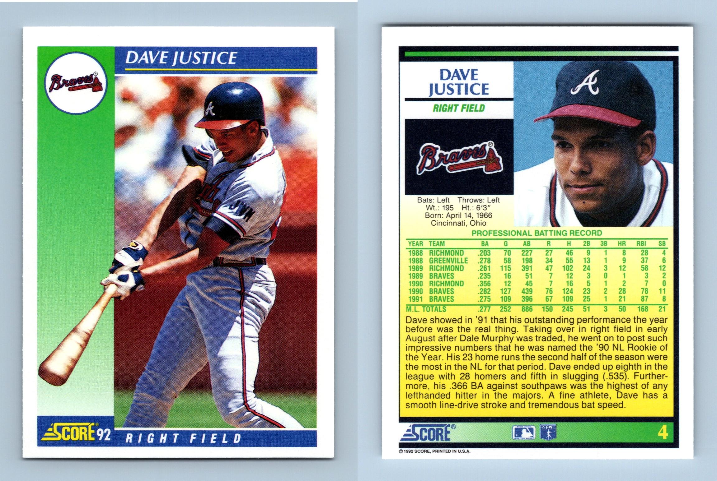 Dave Justice - Braves - #4 Score 1992 Baseball Trading Card