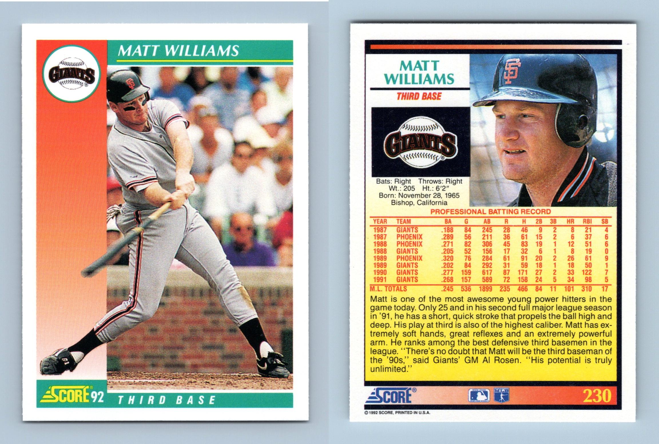 Matt Williams - Giants - #230 Score 1992 Baseball Trading Card