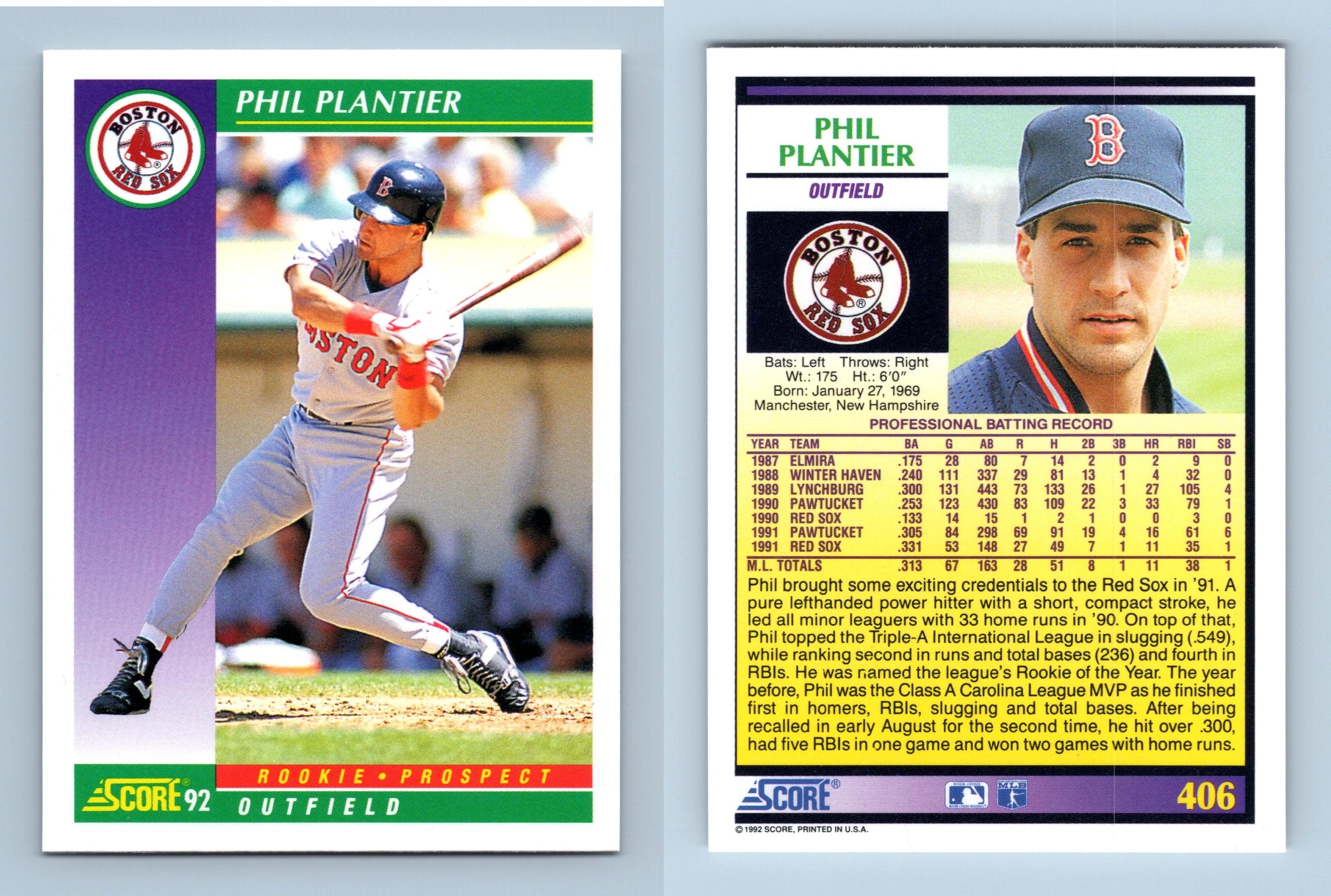 Phil Plantier - Red Sox - #406 Score 1992 Baseball Trading Card