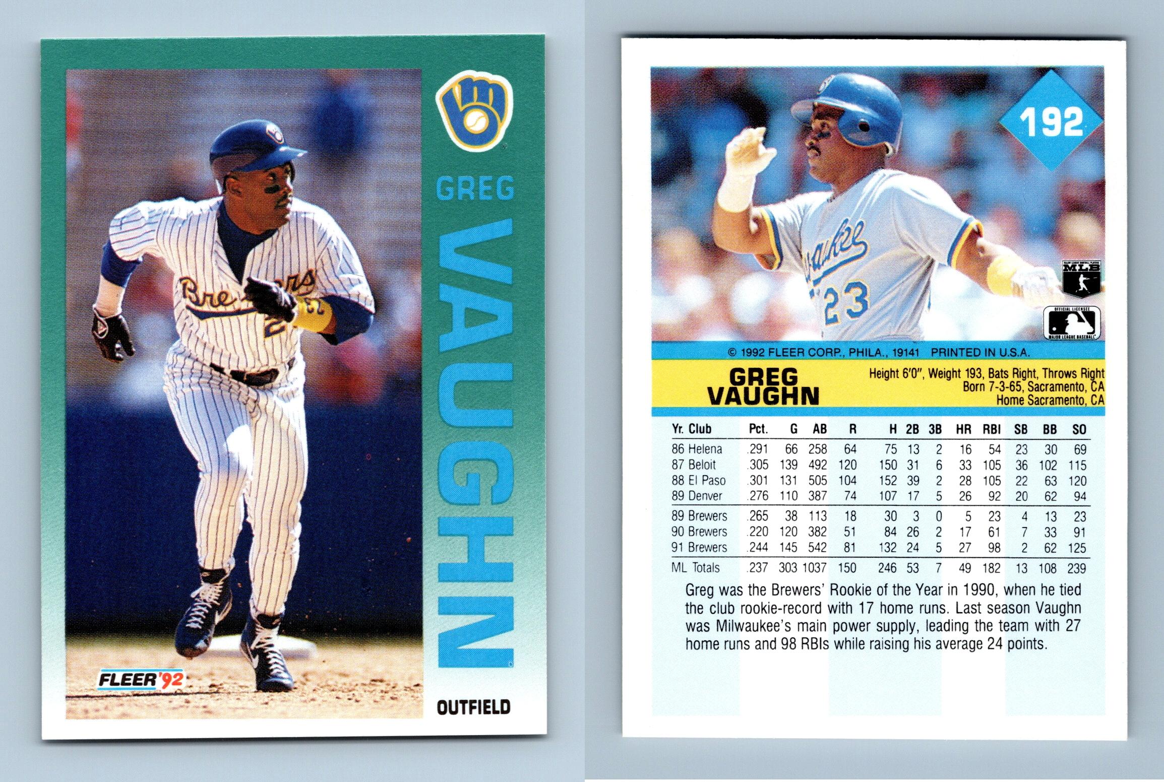 Greg Vaughn - Brewers #192 Fleer 1992 Baseball Trading Card