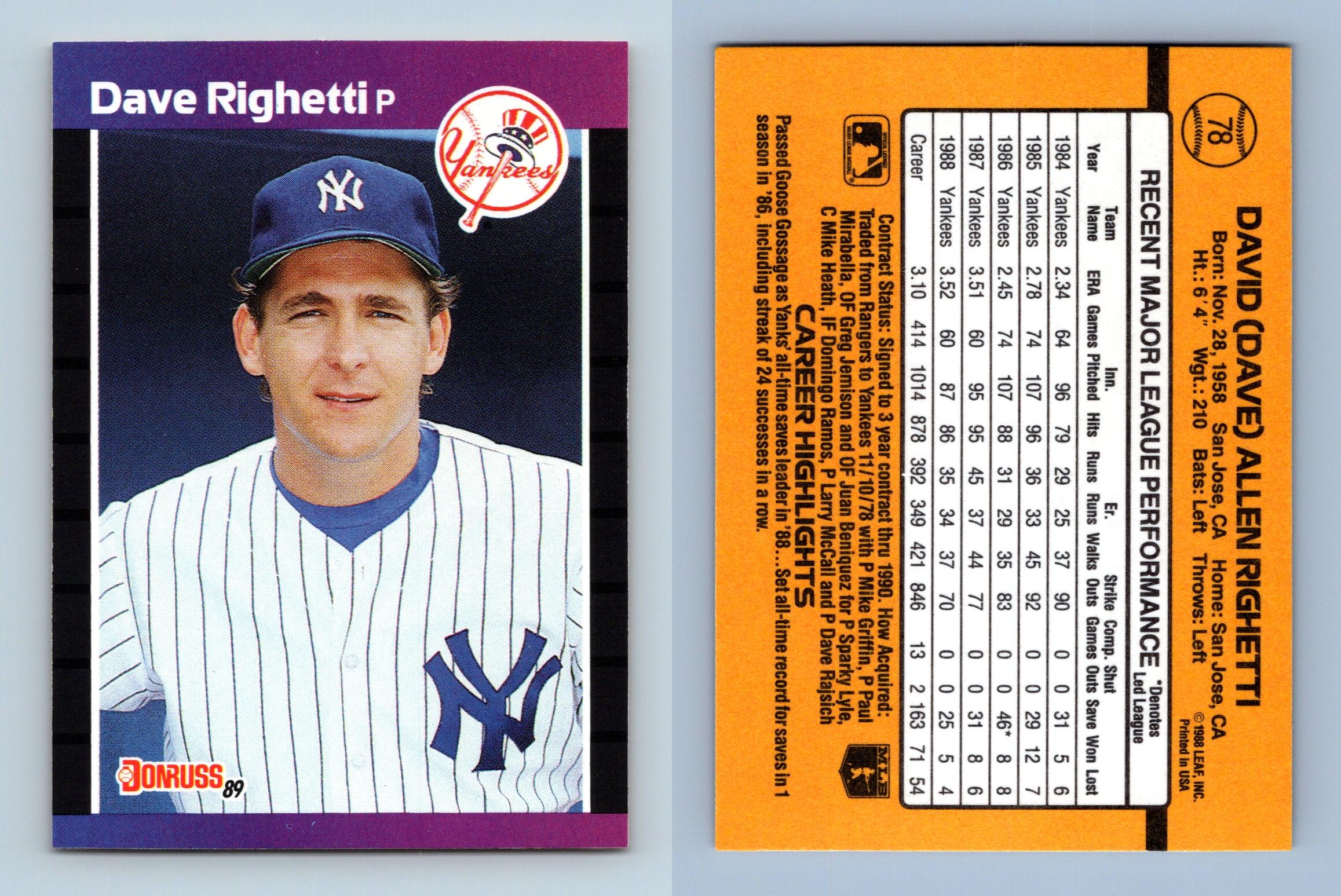 Dave Righetti - Yankees #78 Donruss 1989 Baseball Trading Card