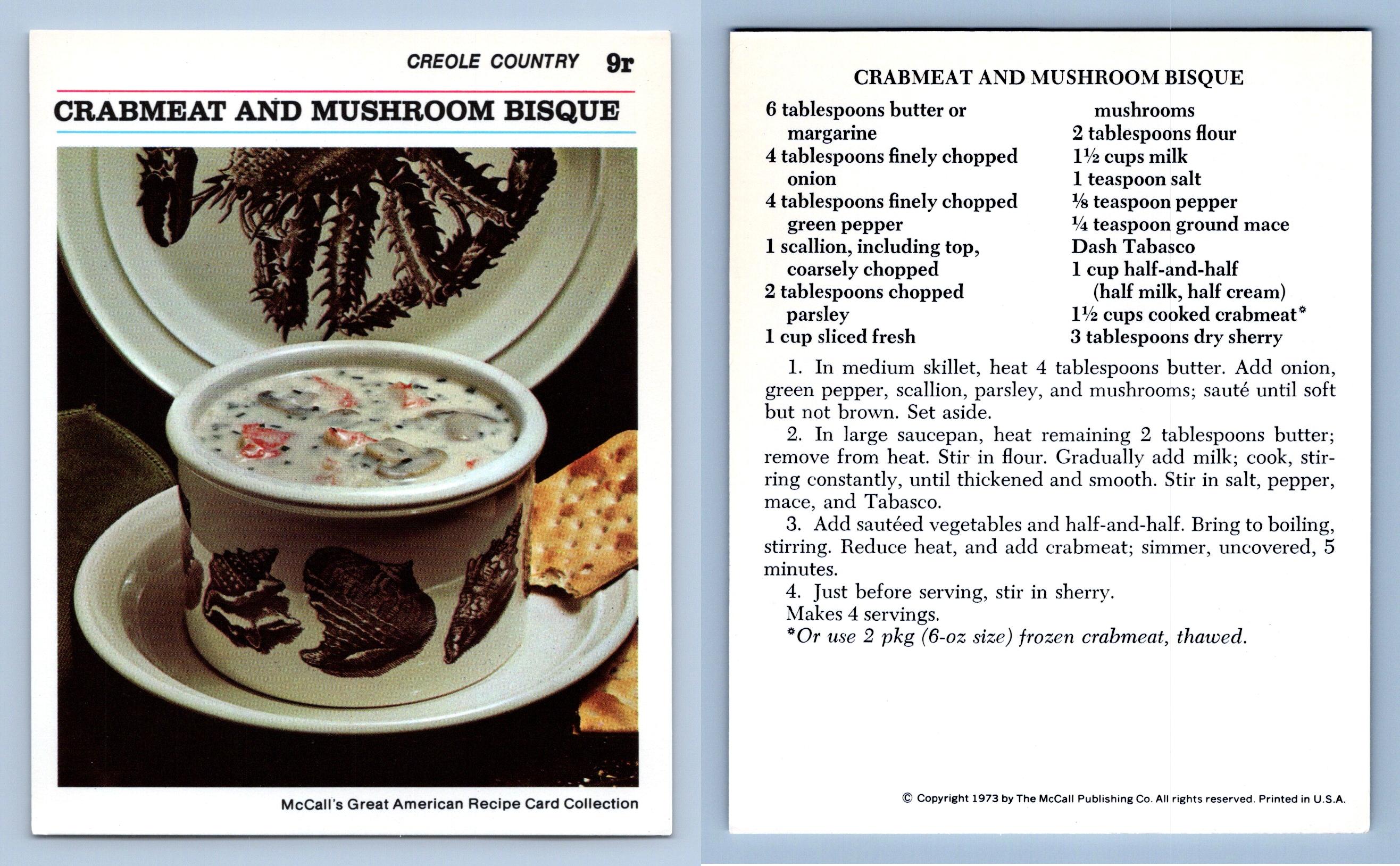 Crabmeat & Mushroom Bisque 9R Creole McCall's Great American Recipe Card
