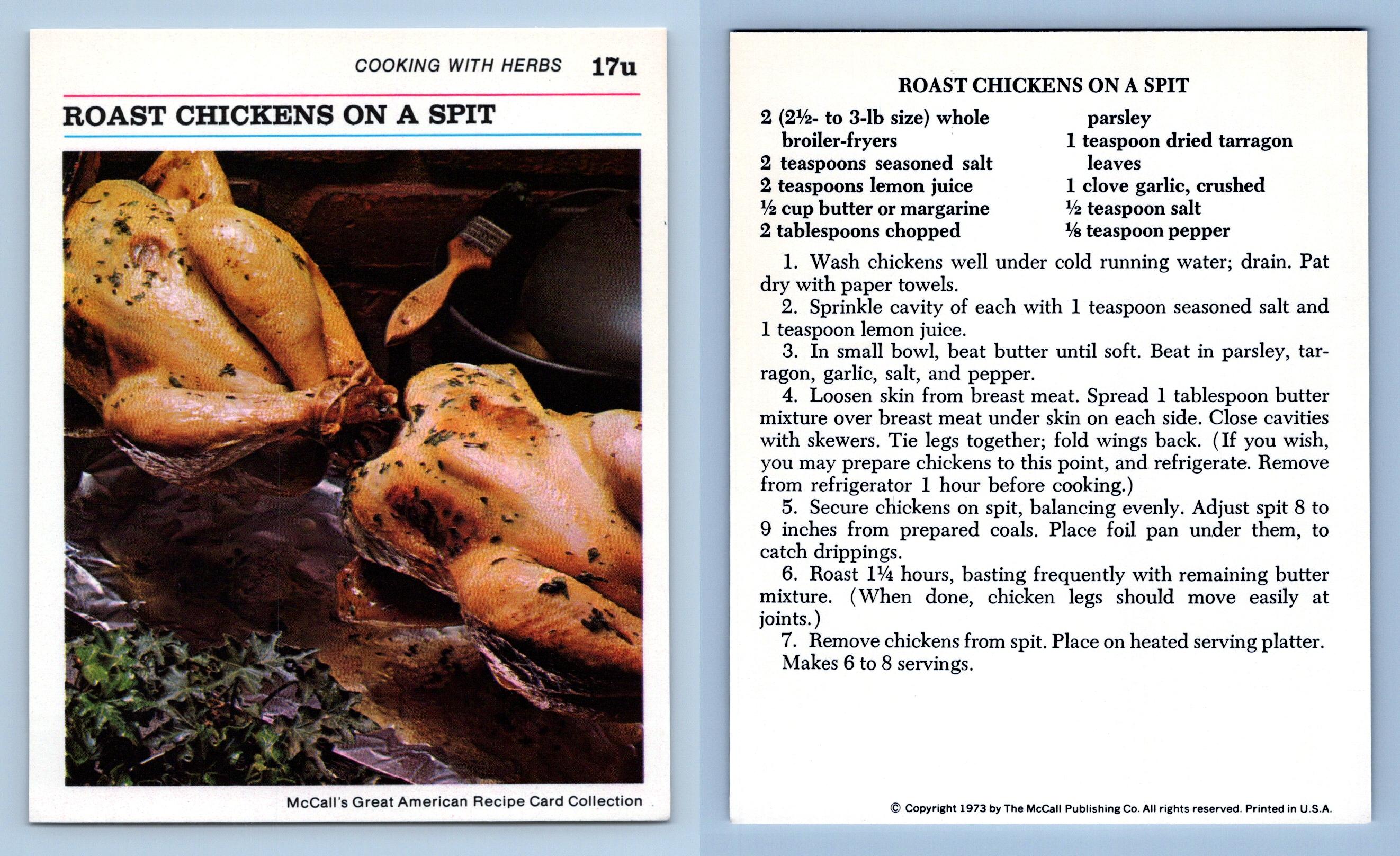 Roast Chickens On A Spit 17U Herbs McCall's Great American Recipe Card