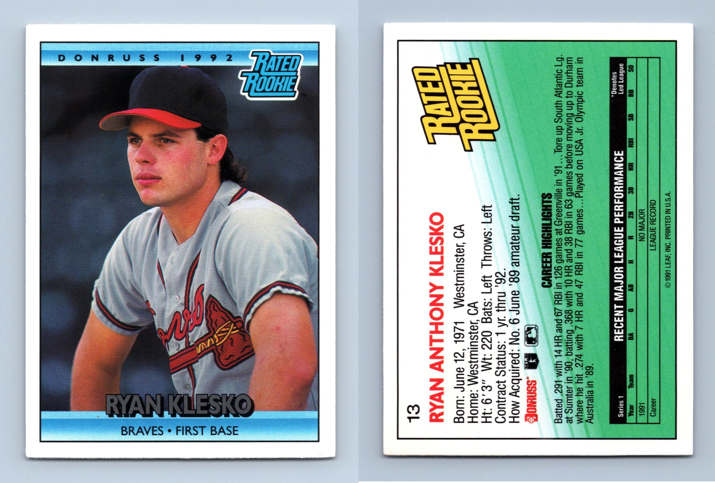 Ryan Klesko - Braves #13 Donruss 1992 Baseball Trading Card