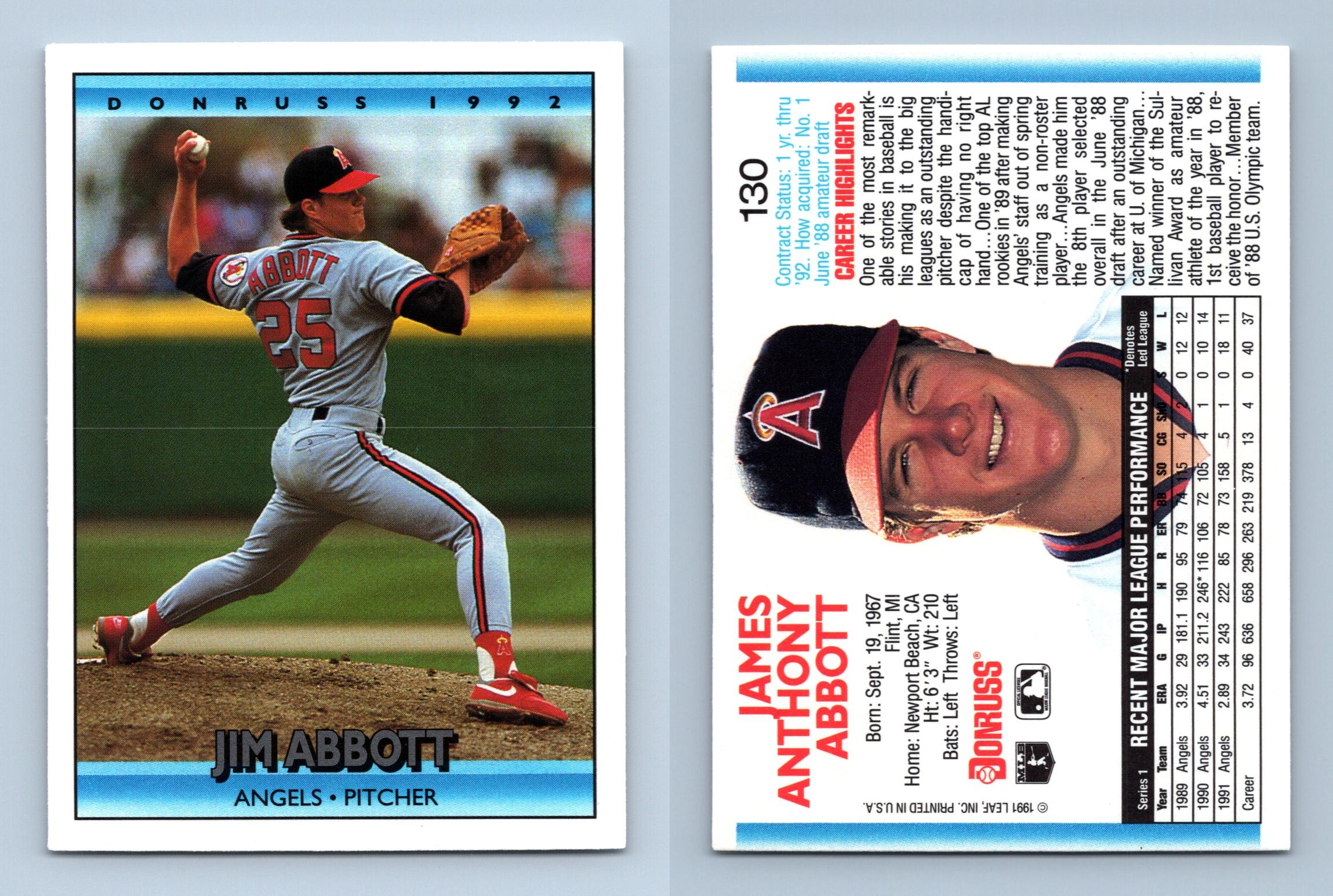 Jim Abbott - Angels #130 Donruss 1992 Baseball Trading Card