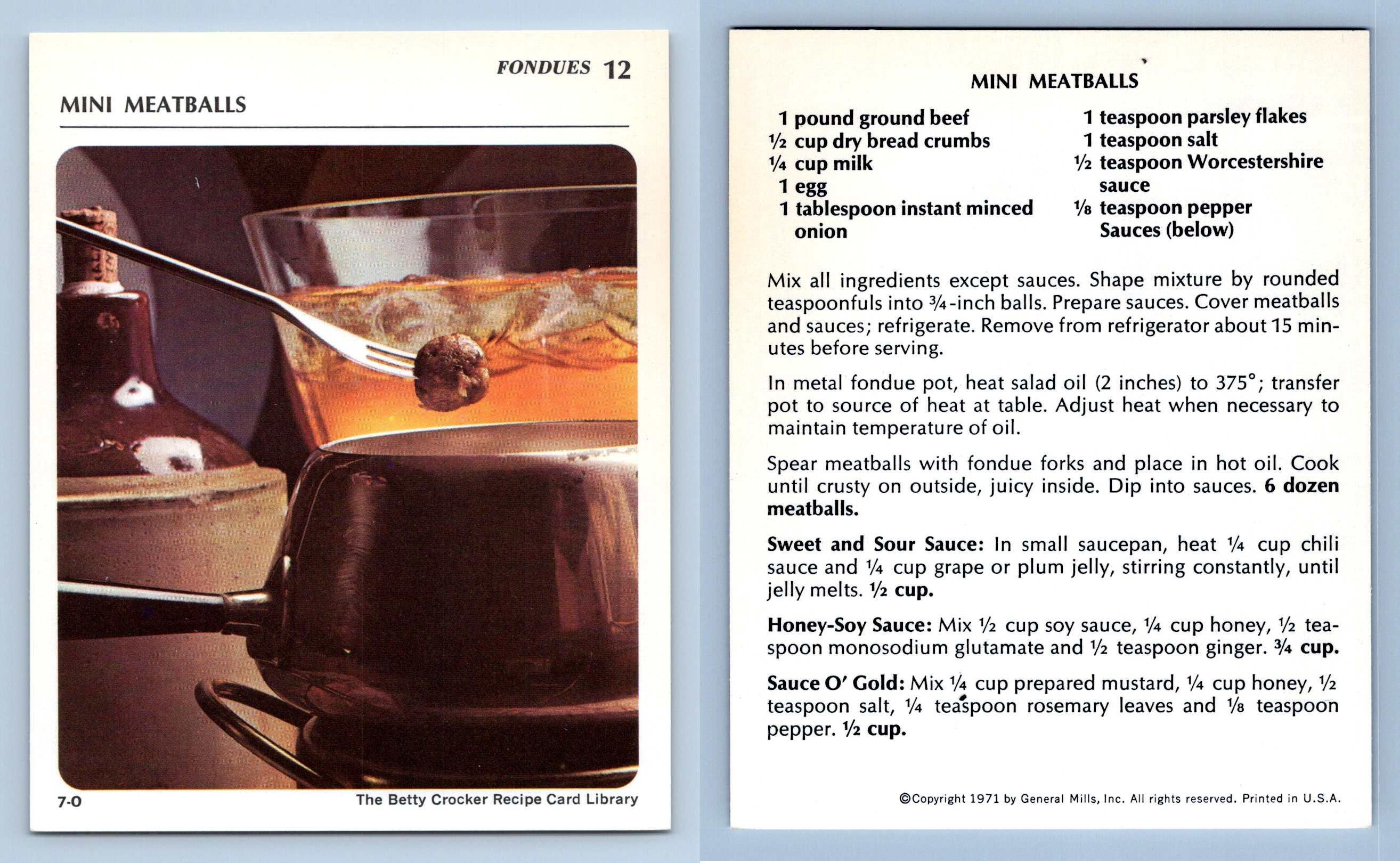 Mini Meatballs 12 Fondues Betty Crocker 1971 Recipe Card