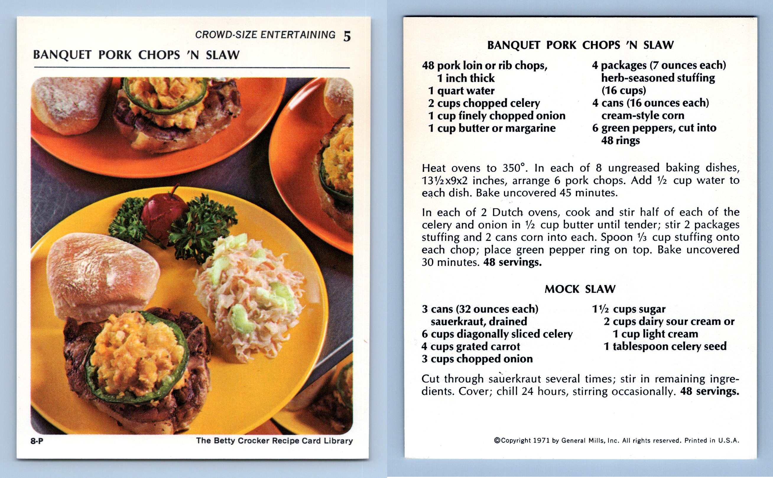 Banquet Pork Chops N Slaw 5 Entertaining Betty Crocker 1971 Recipe Card 2848