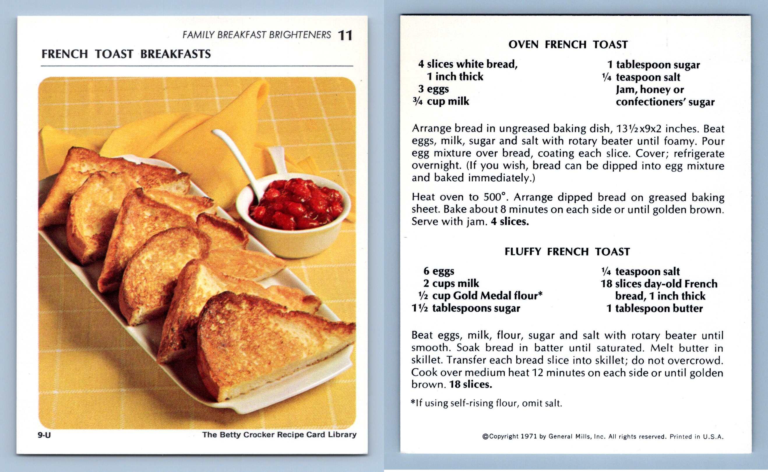 French Toast Breakfasts 11 Breakfast Betty Crocker 1971 Recipe Card