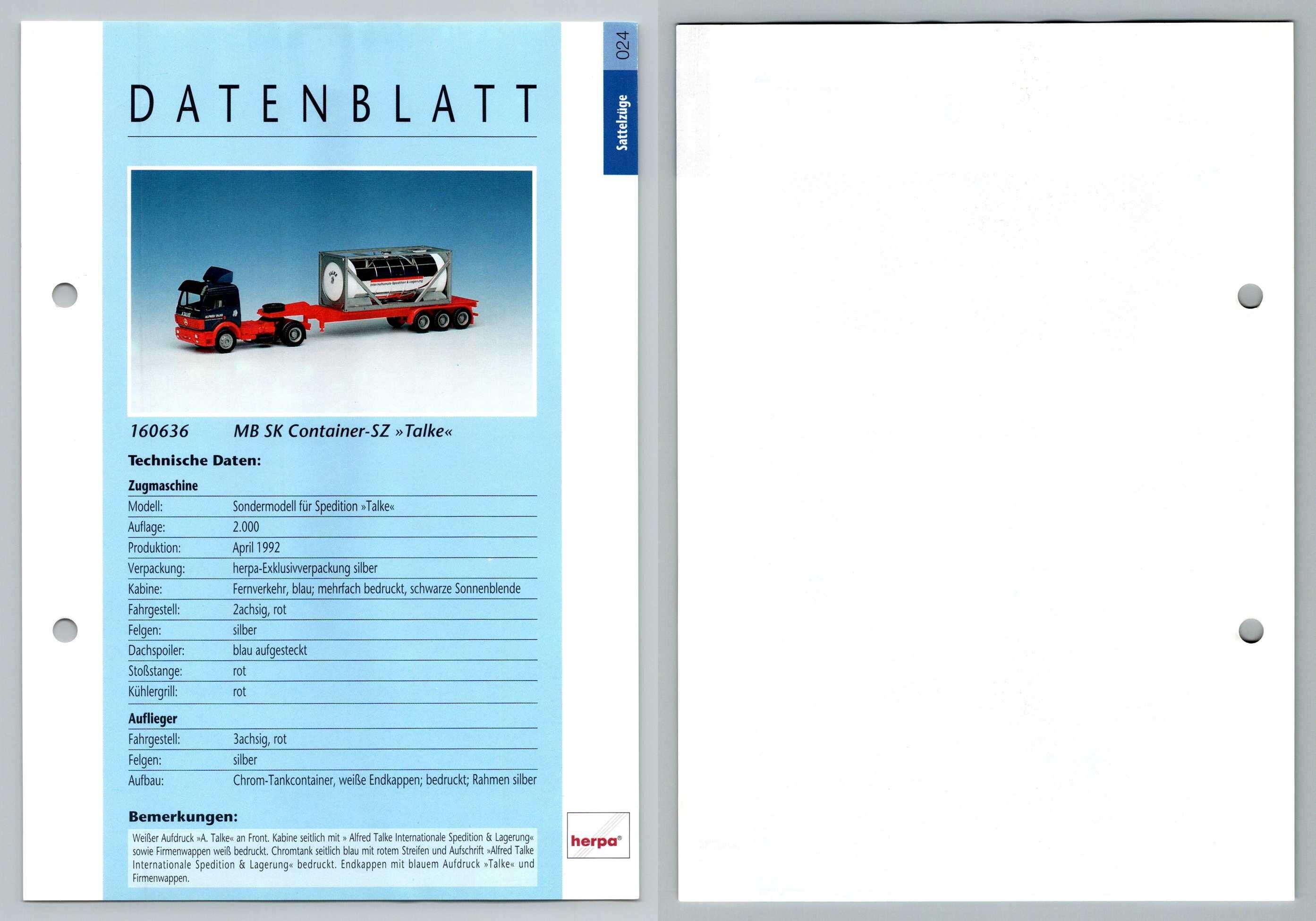 Mb Sk Container Sz Talke 24 Sattelzuge Datenblatt Herpa Data Sheet