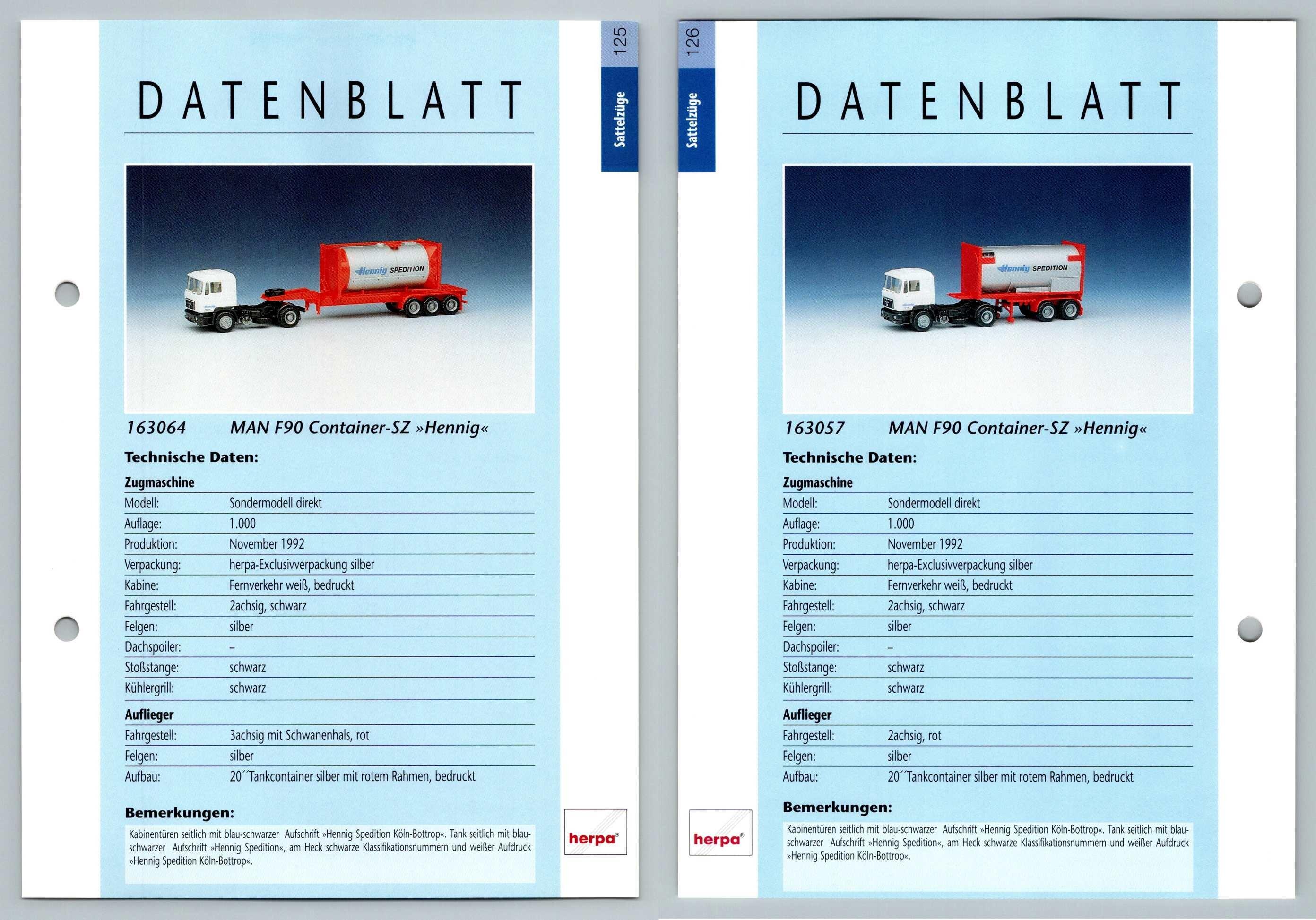 Man F90 Container Sz Hennig 125 126 Sattelzuge Datenblatt Herpa Data