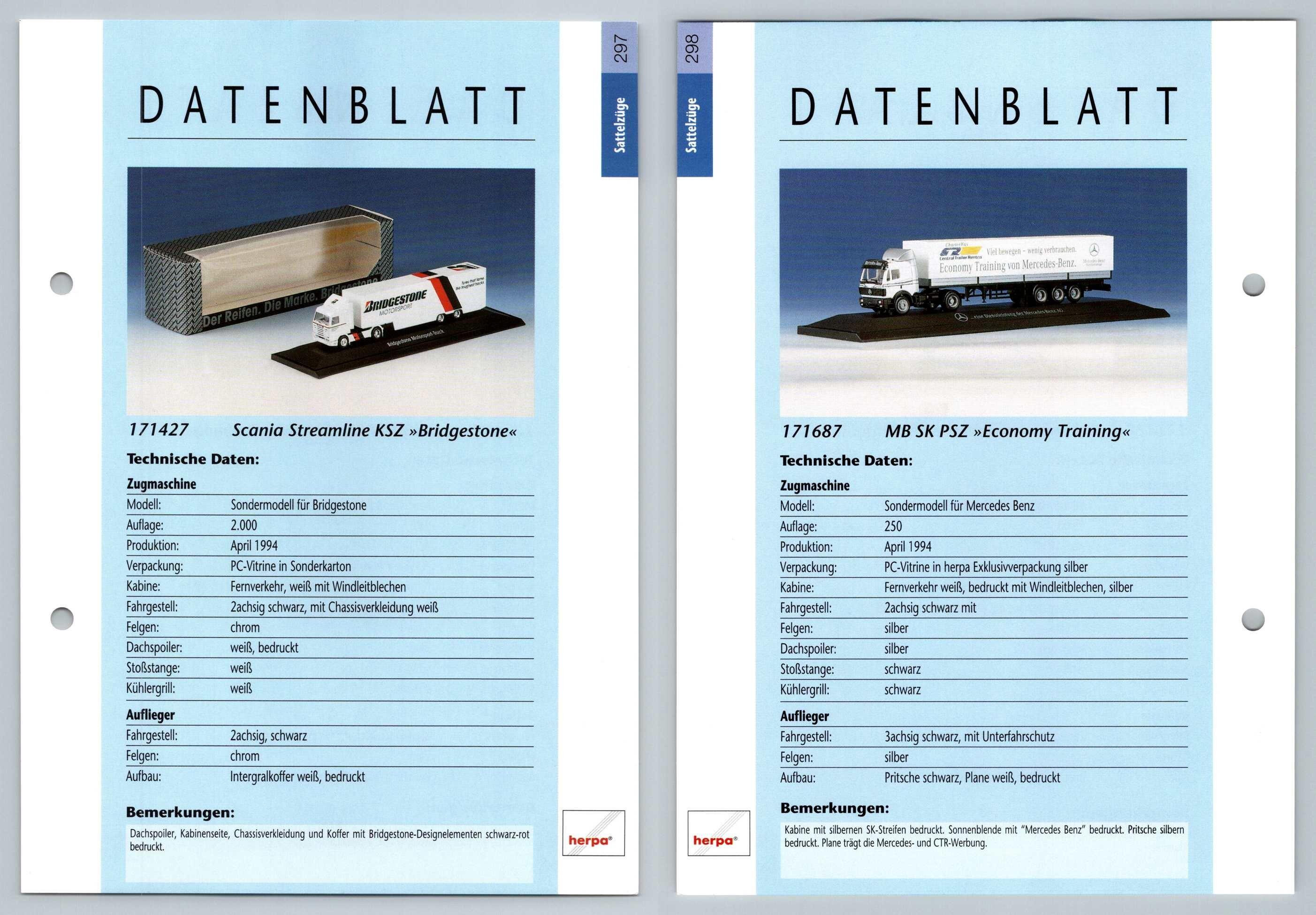 Scania Streamline Mb Sk Psz 297 298 Sattelzuge Datenblatt Herpa