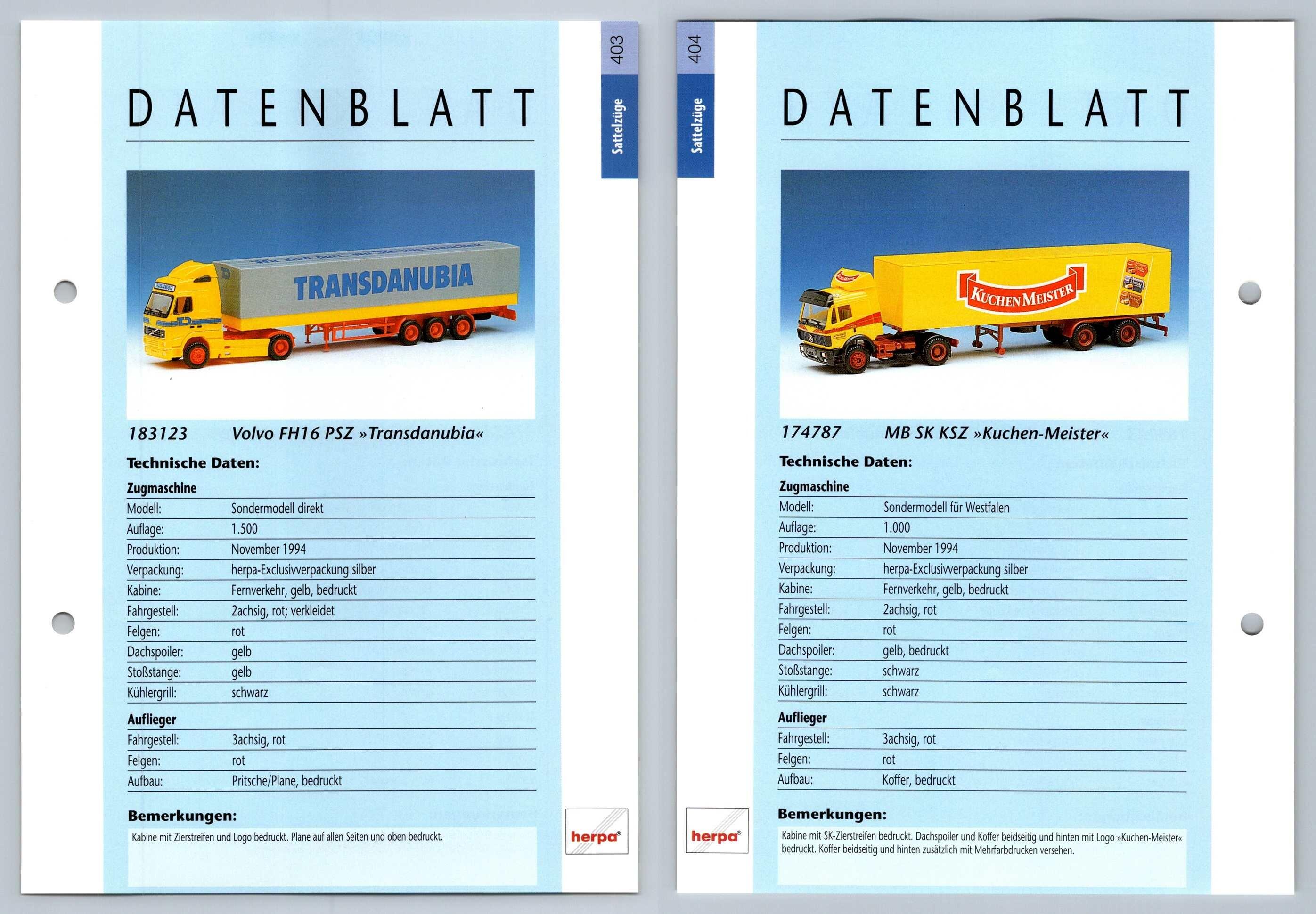 Volvo Fh16 Psz Mb Sk Ksz 403 4 Sattelzuge Datenblatt Herpa Data Sheet