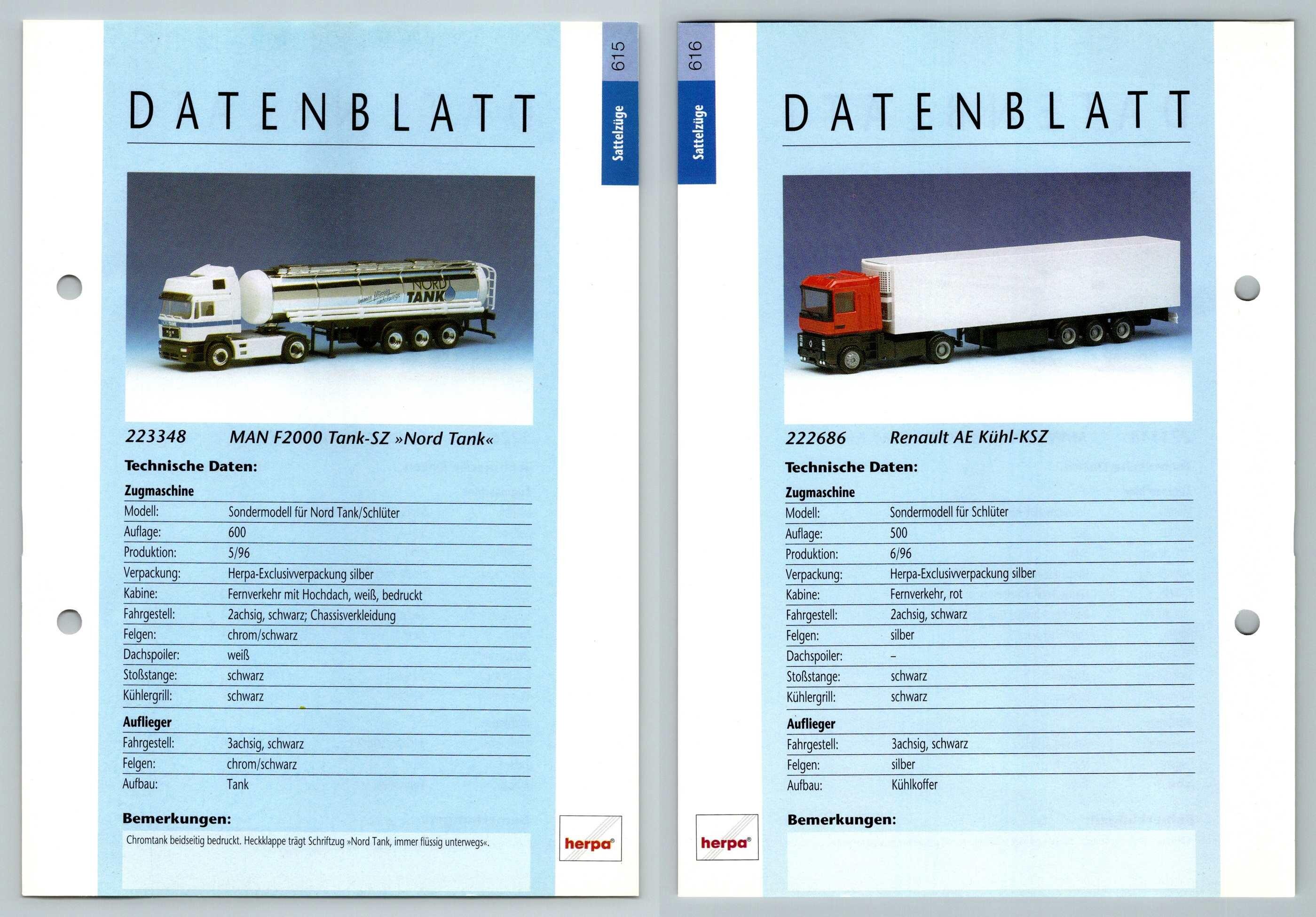 Man F2000 Tank Renault Ae 615 6 Sattelzuge Datenblatt Herpa Data Sheet