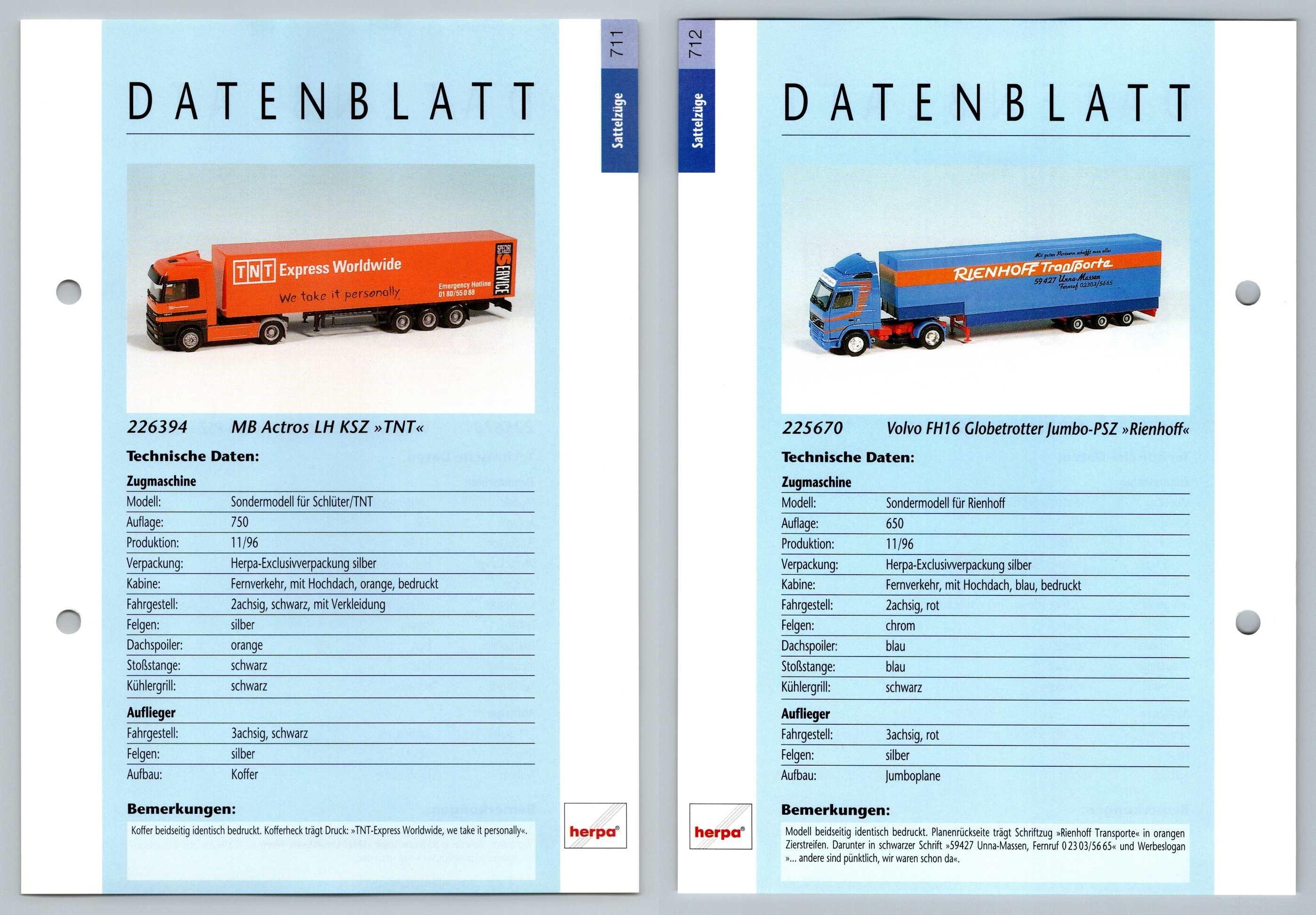 Mb Actros Lh Volvo Fh16 711 2 Sattelzuge Datenblatt Herpa Data Sheet