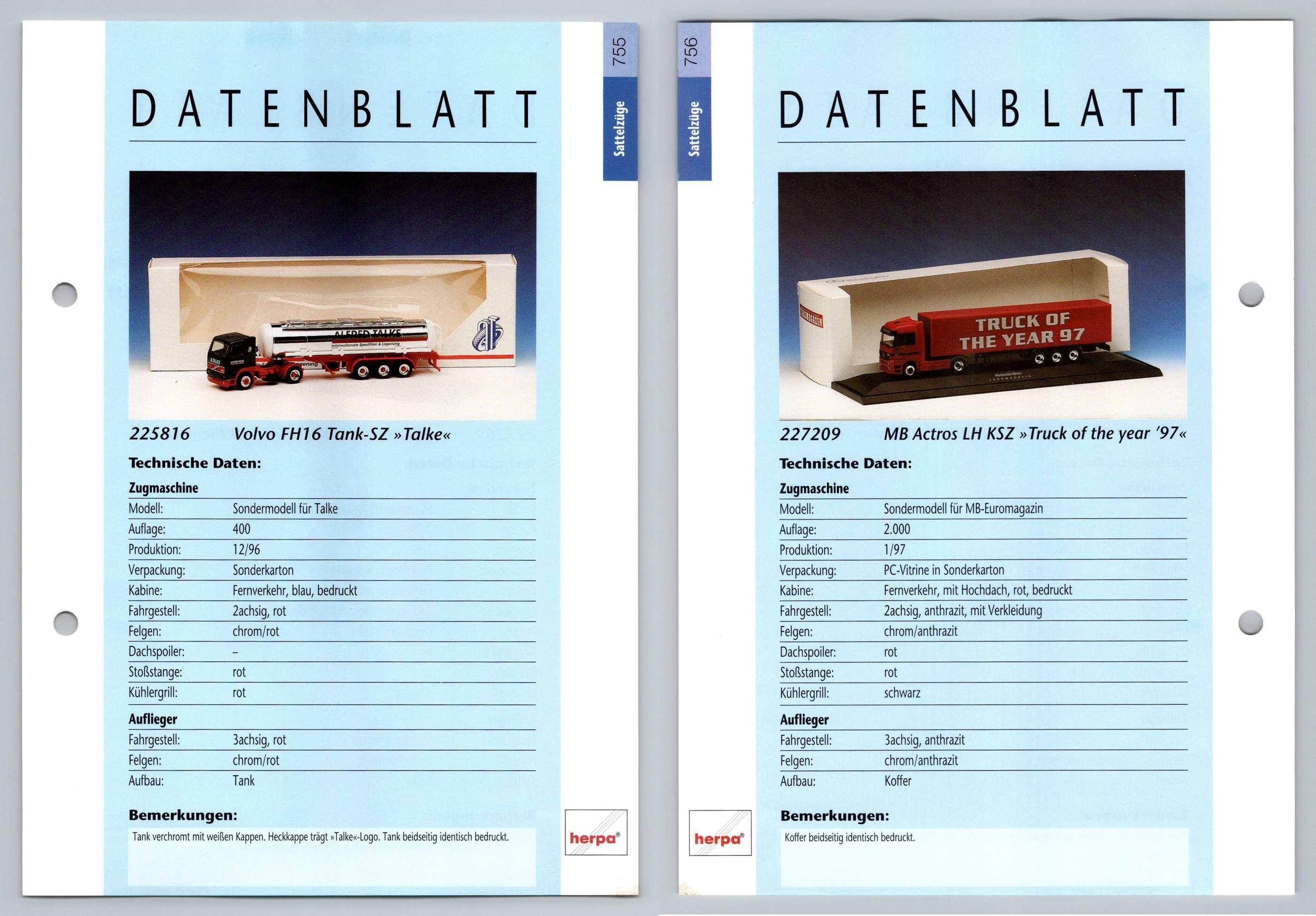 Volvo FH16 Tank / MB Actros LH 755/6 Sattelzuge Datenblatt Herpa