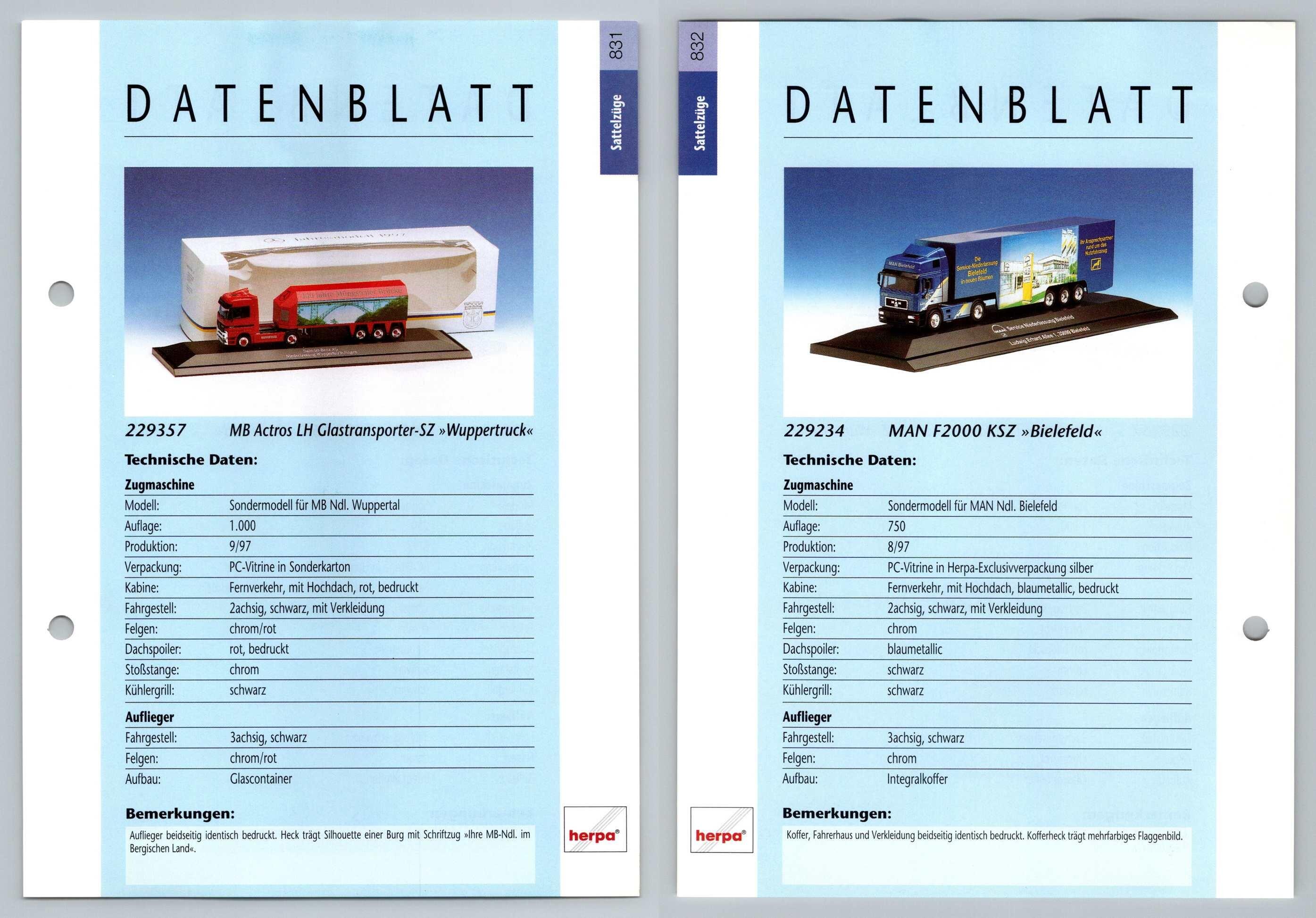 Mb Actros Lh Man F2000 Ksz 831 2 Sattelzuge Datenblatt Herpa Data