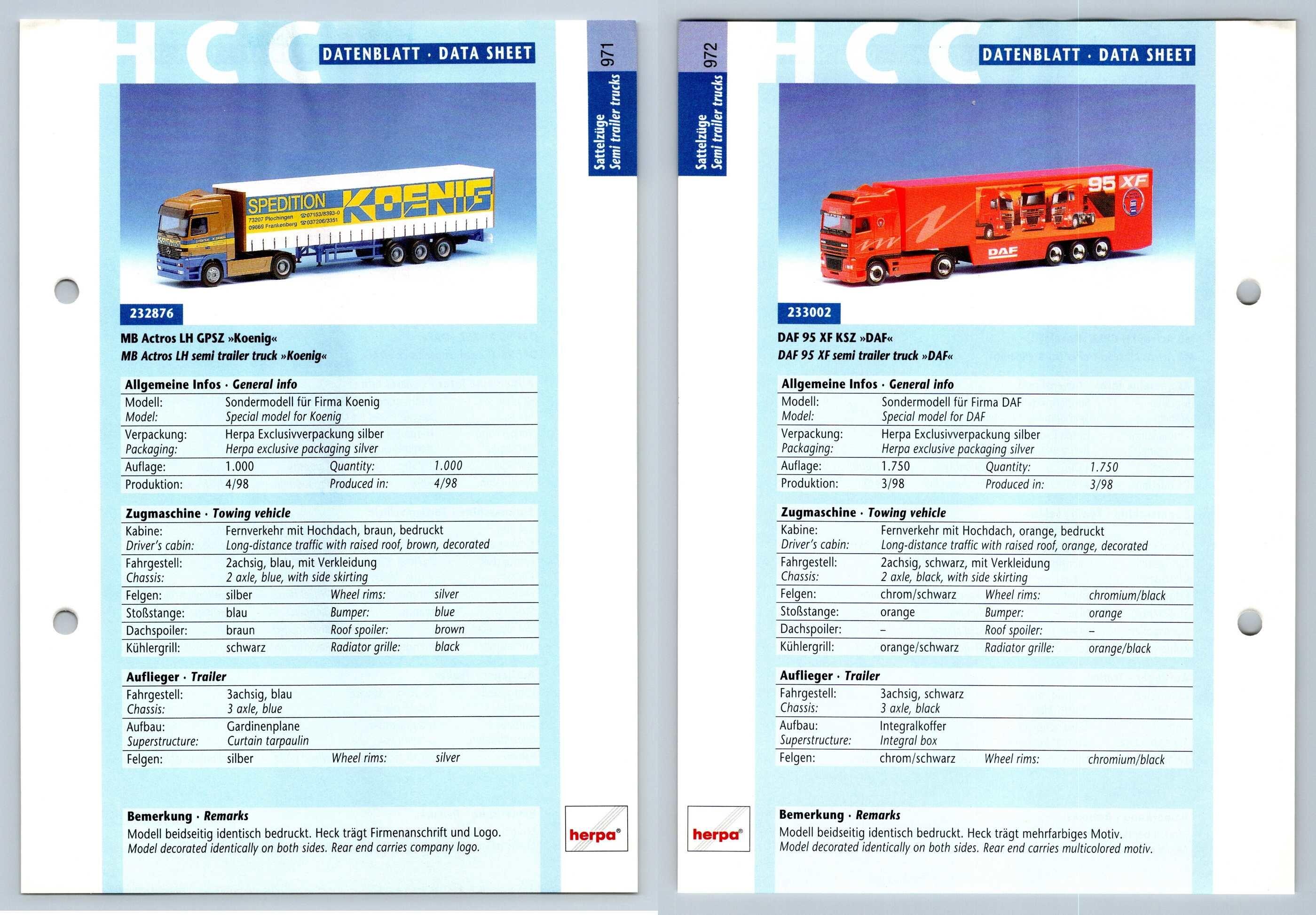 Mb Actros Lh Daf 95 Xf 971 2 Sattelzuge Datenblatt Herpa Data Sheet