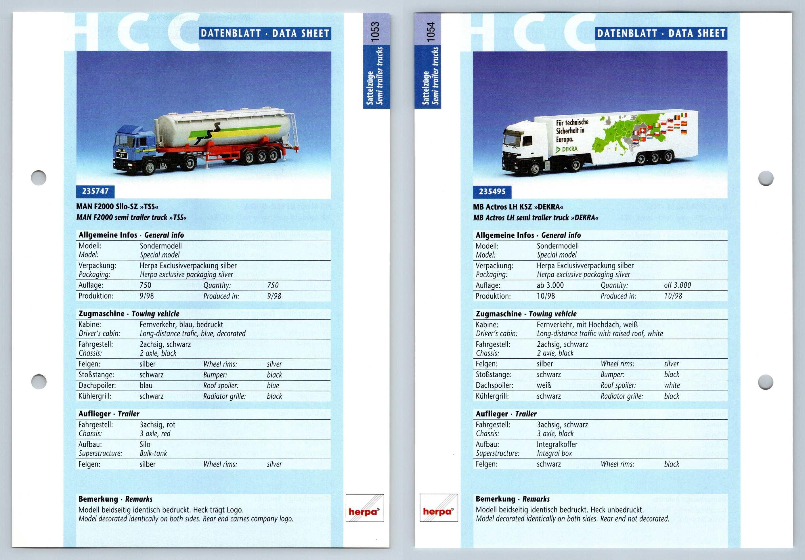 Man F2000 Silo Mb Actros 1053 4 Sattelzuge Datenblatt Herpa Data Sheet