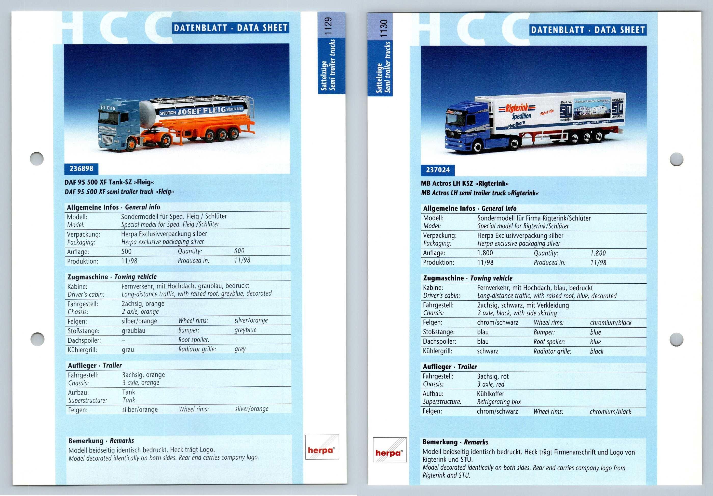 Daf 95 500 Xf Mb Actros Lh 1129 30 Sattelzuge Datenblatt Herpa