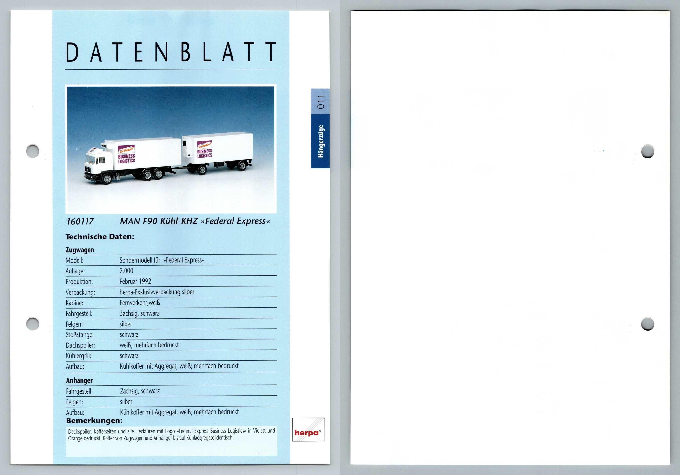 Man F90 Kuhl Federal Express 11 Hangerzuge Datenblatt Herpa Data Sheet