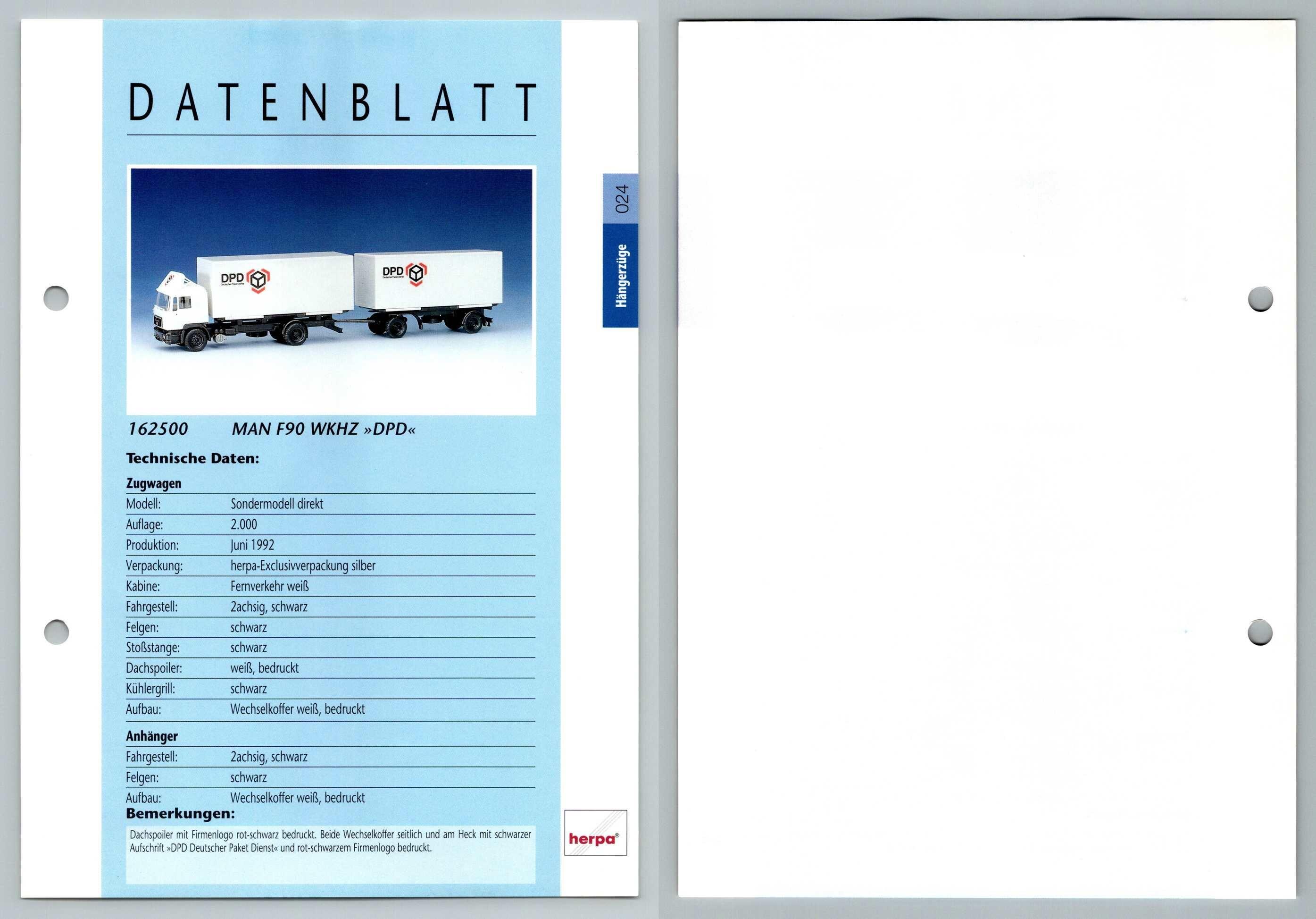 Man F90 Wkhz Dpd 24 Hangerzuge Datenblatt Herpa Data Sheet