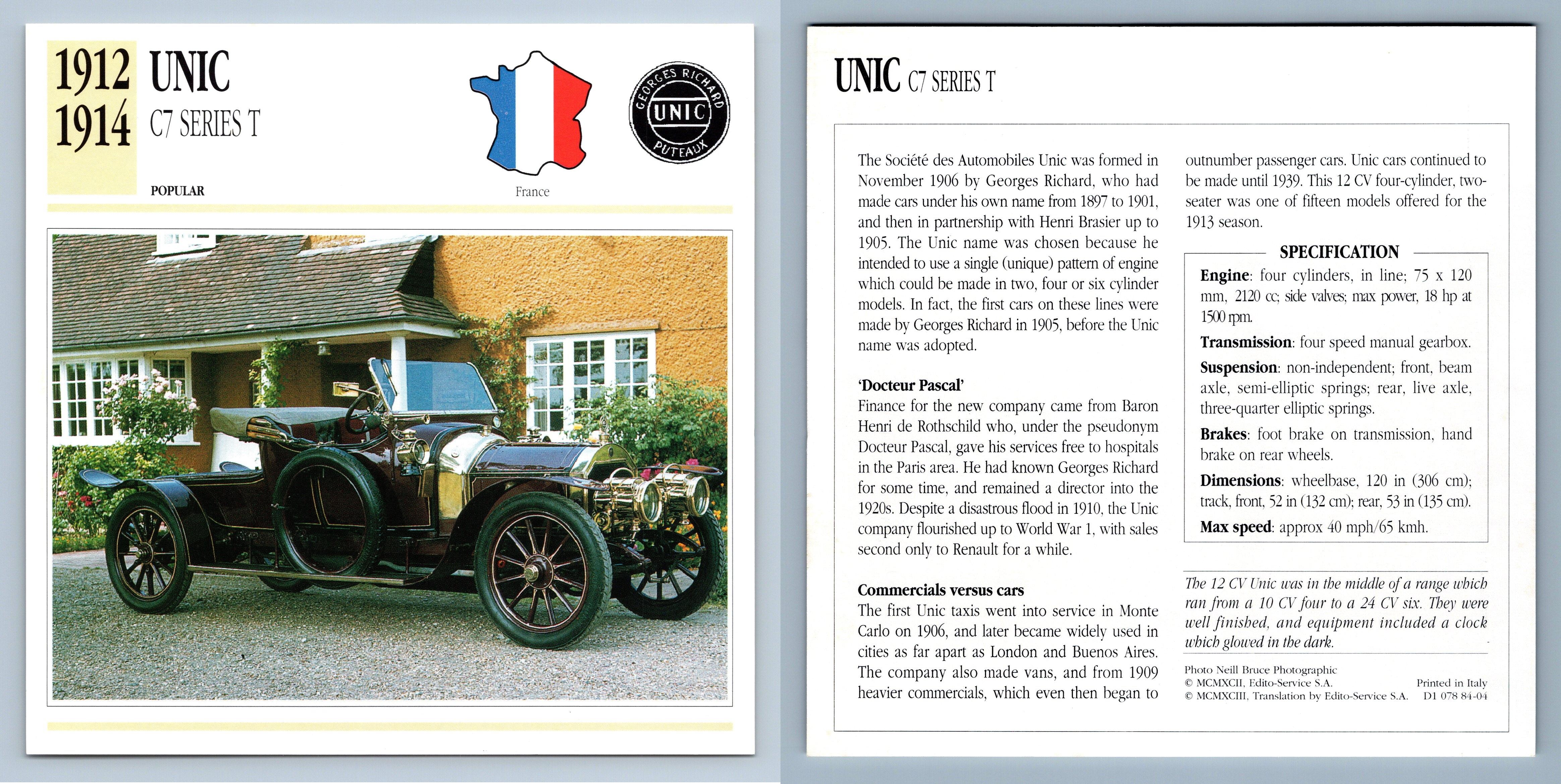 Unic - C7 Series T - 1912-14 Popular Collectors Club Card