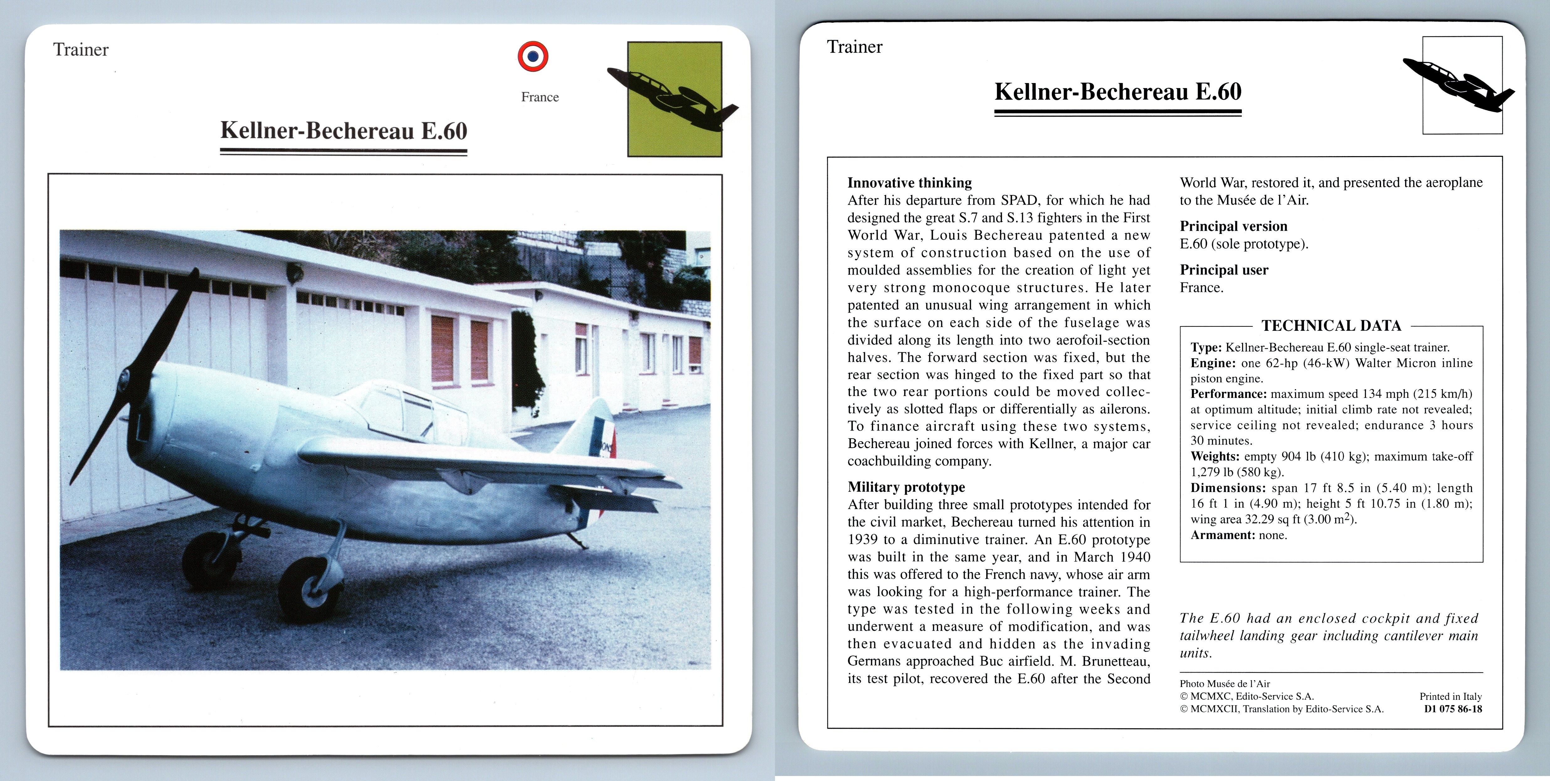 Kellner-Bechereau E.60 - Trainer - Warplanes Collectors Club Card