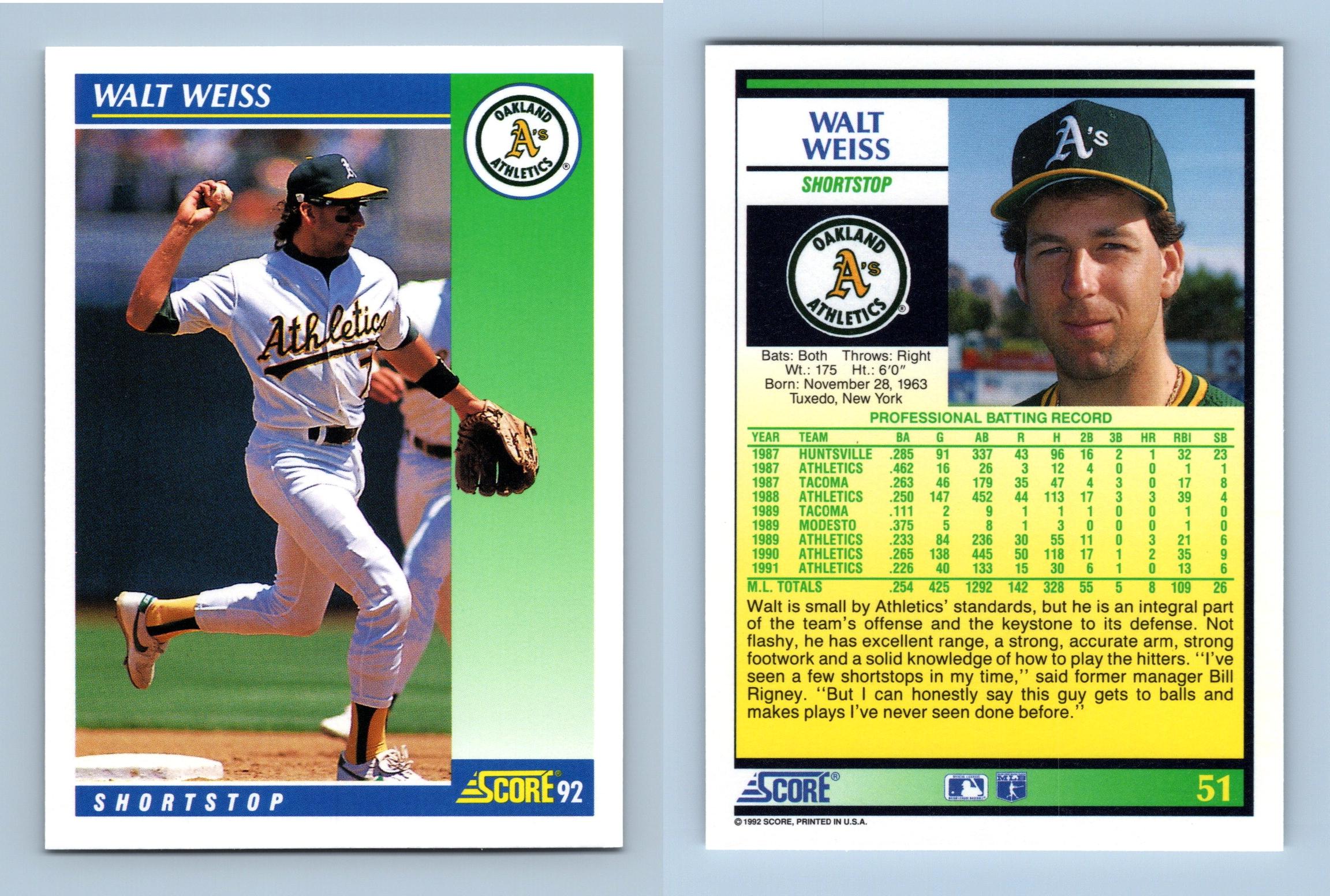 Walt Weiss - Athletics - #51 Score 1992 Baseball Trading Card