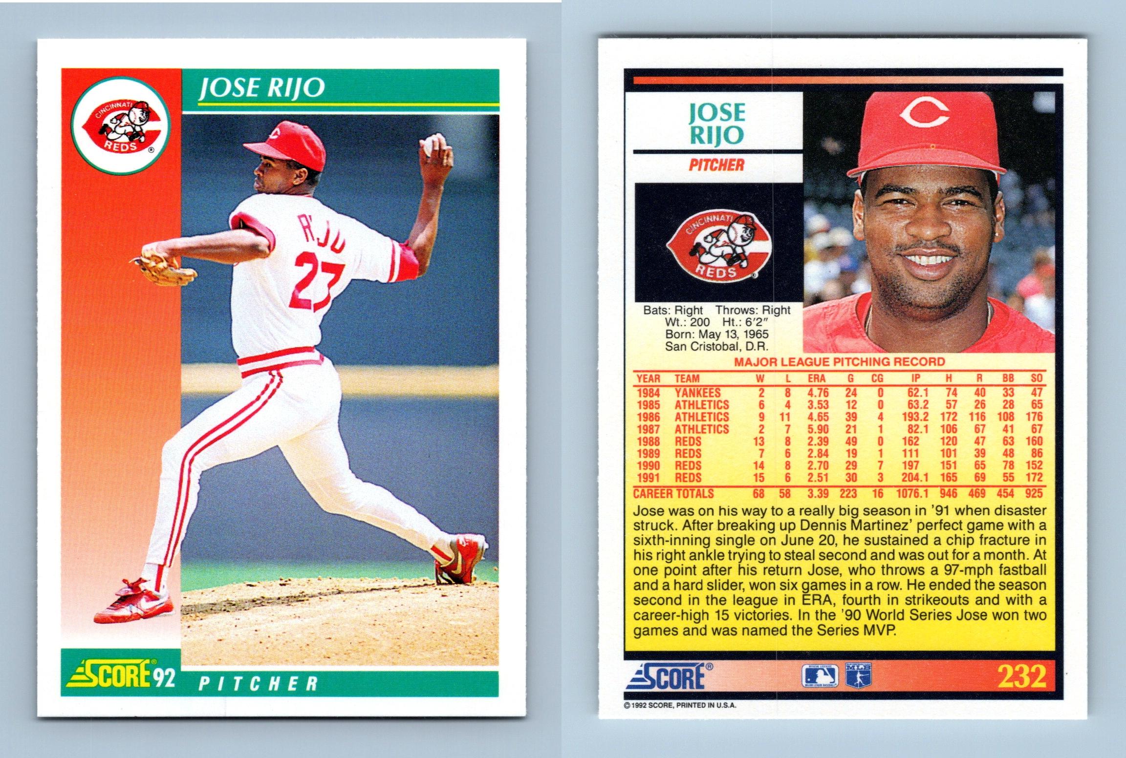 Jose Rijo - Reds - #232 Score 1992 Baseball Trading Card