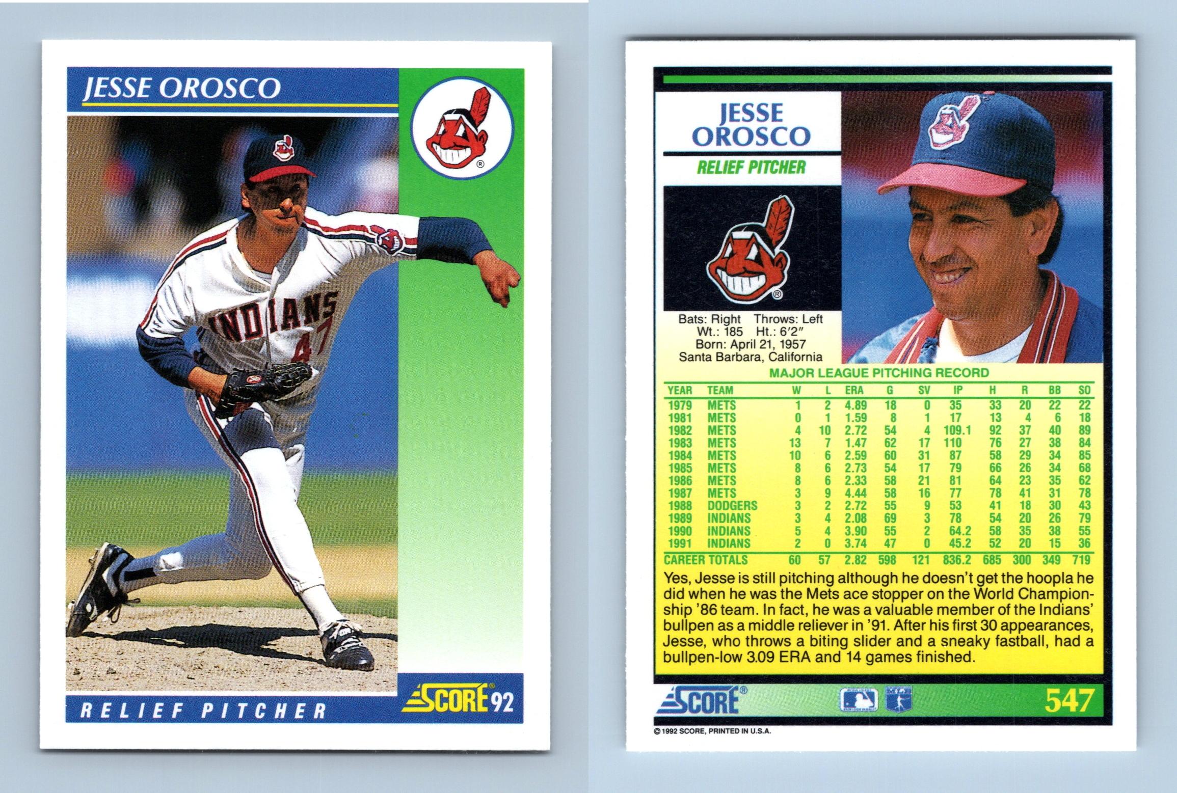 Jesse Orosco - Indians - #547 Score 1992 Baseball Trading Card