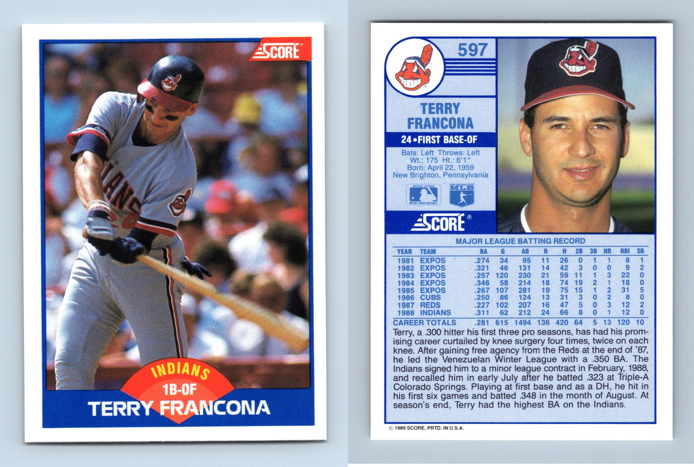 Terry Francona - Indians #597 Score 1989 Baseball Trading Card