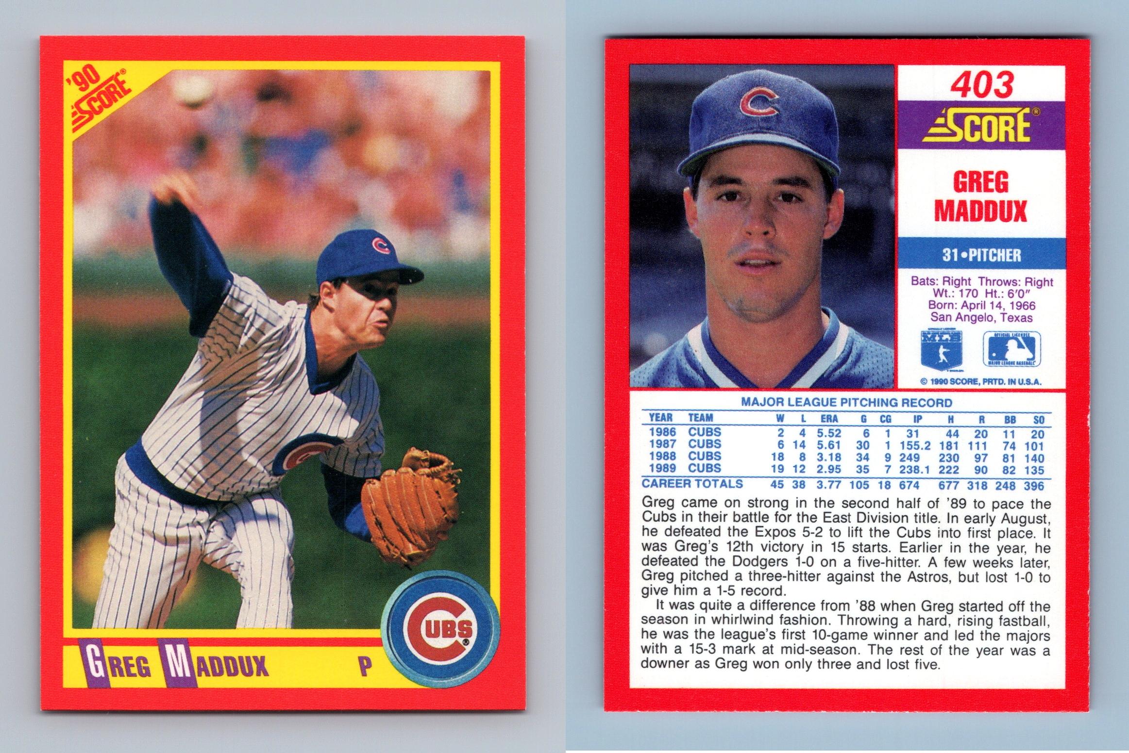 Greg Maddux - Cubs #403 Score 1990 Baseball Trading Card