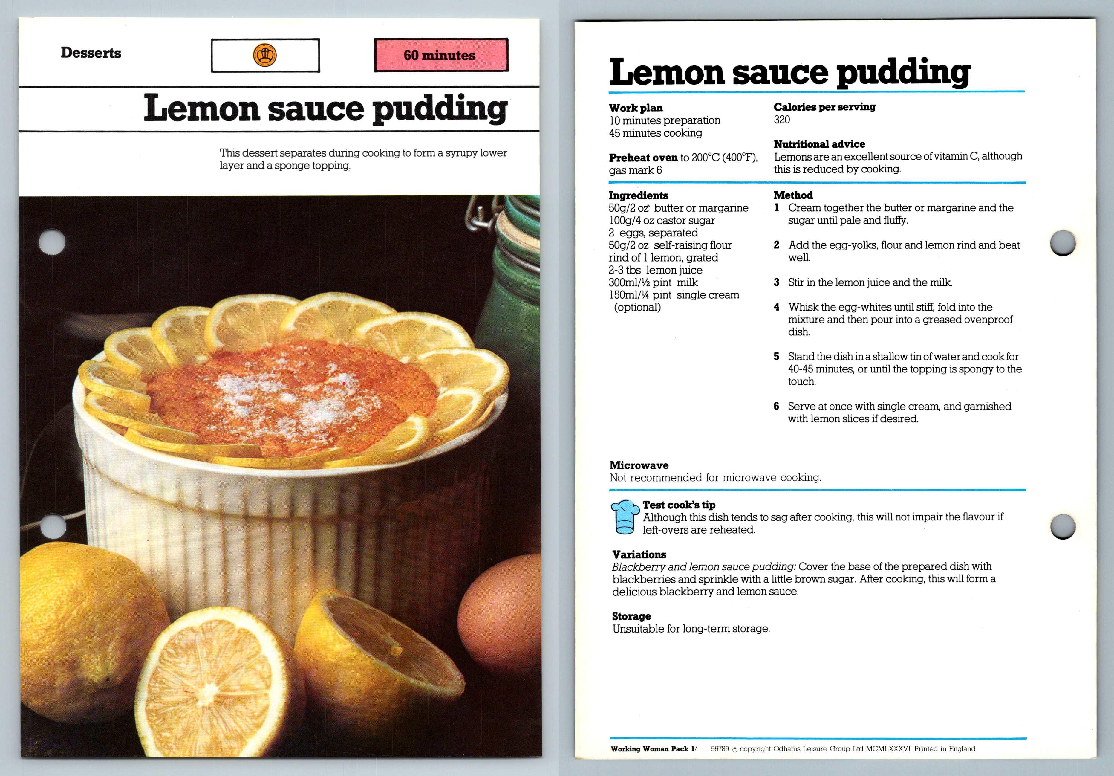 Pudding　Recipe　Card　Desserts　Lemon　Woman's　1980s　Sauce　Working