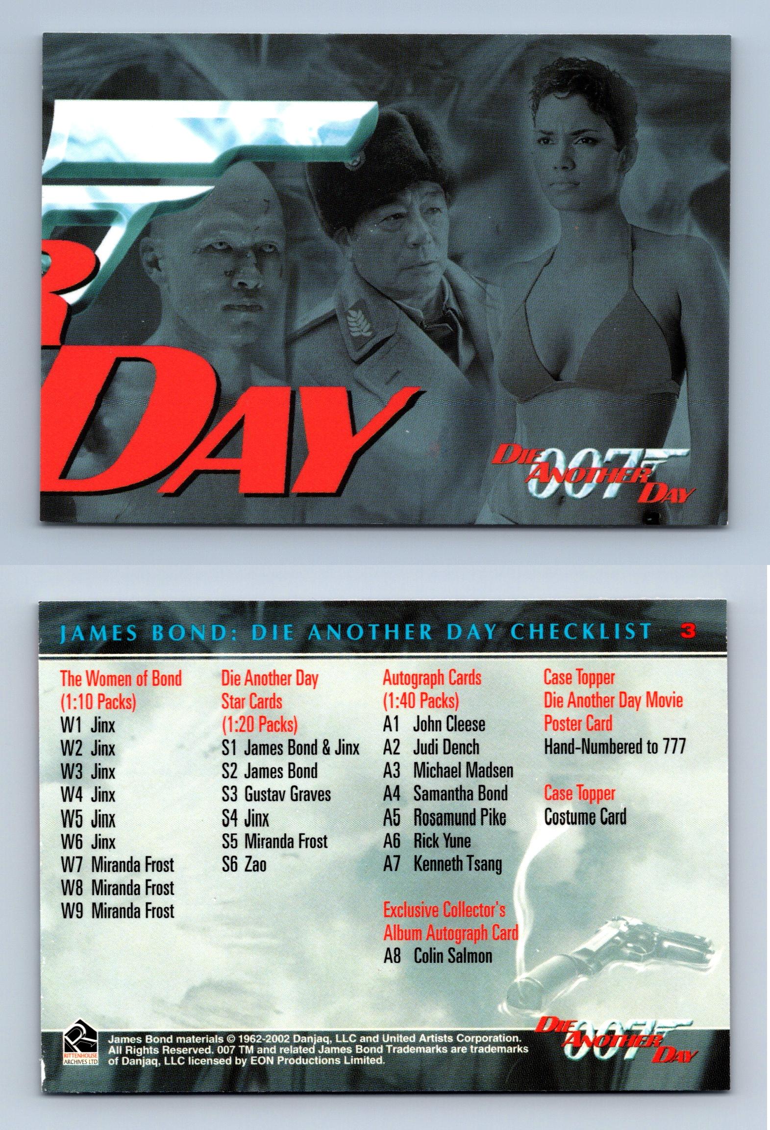Checklist 3 3 James Bond 007 Die Another Day 2002 Rittenhouse Trading Card