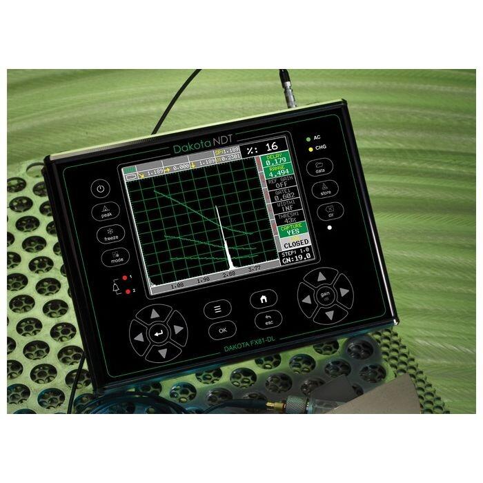 Dakota FX81-DL Benchtop Flaw Detector shown in use on a green metalic background