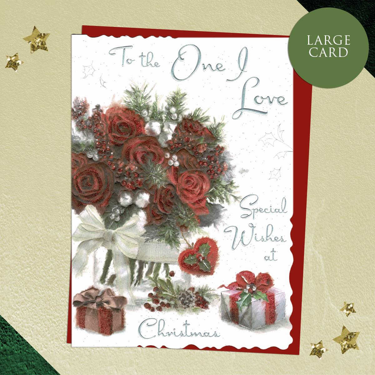 To The One I Love Red Roses Large Christmas Card. Featuring Res Rose Bouquet and Gifts. Enhanced With red Glitter and Silver lettering And Finished With a Red Envelope