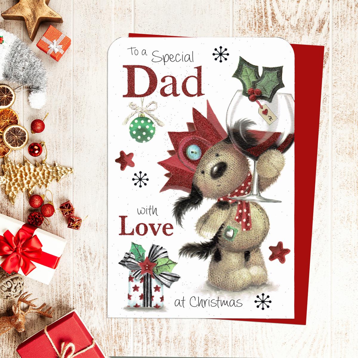 To A Special Dad With Love At Christmas Showing A Dog With A Large Glass Of Red Wine. Enhanced With Red Glitter and Finished with A Red Envelope
