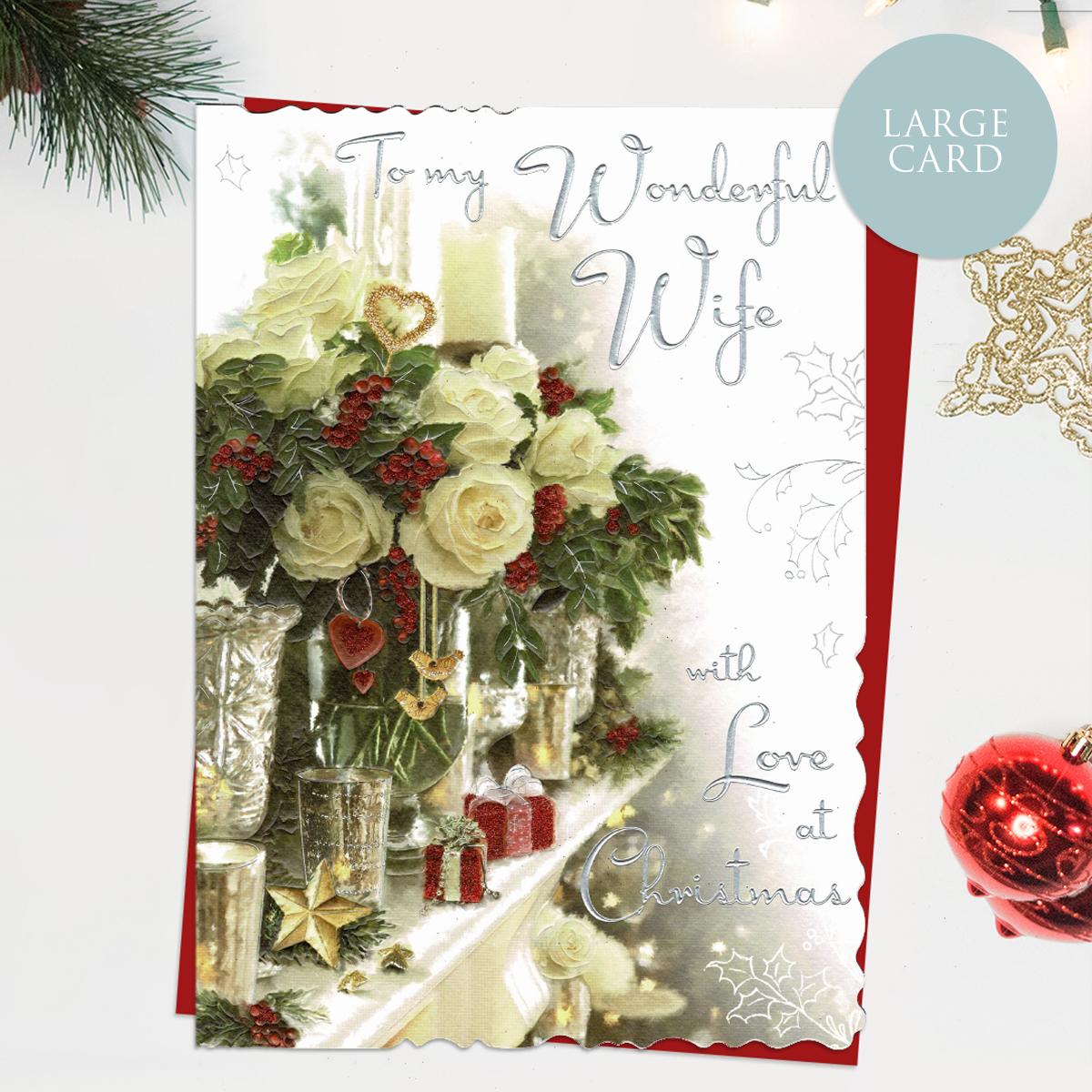 To My Wonderful Wife With Love At Christmas Featuring Fireside Flowers And Wrapped Gifts. Finished With Silver Lettering, Red Glitter And Colour Insert