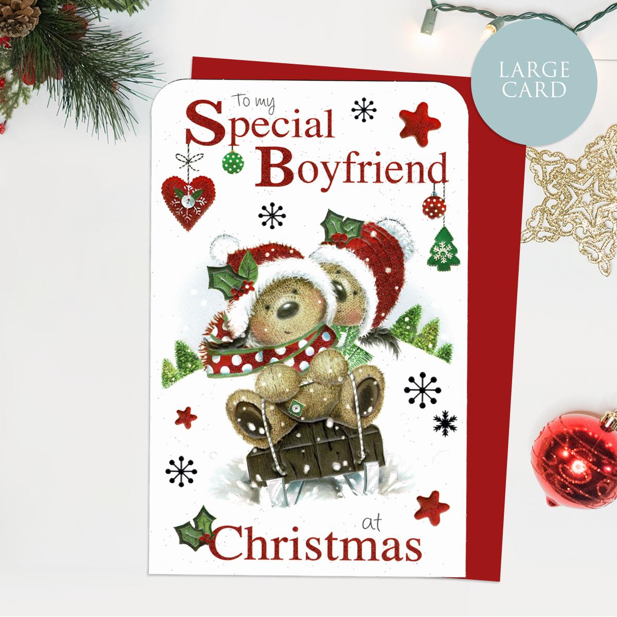 To My Special Boyfriend At Christmas Featuring Two Cute Dogs Sledging . Finished With Red Glitter And Envelope