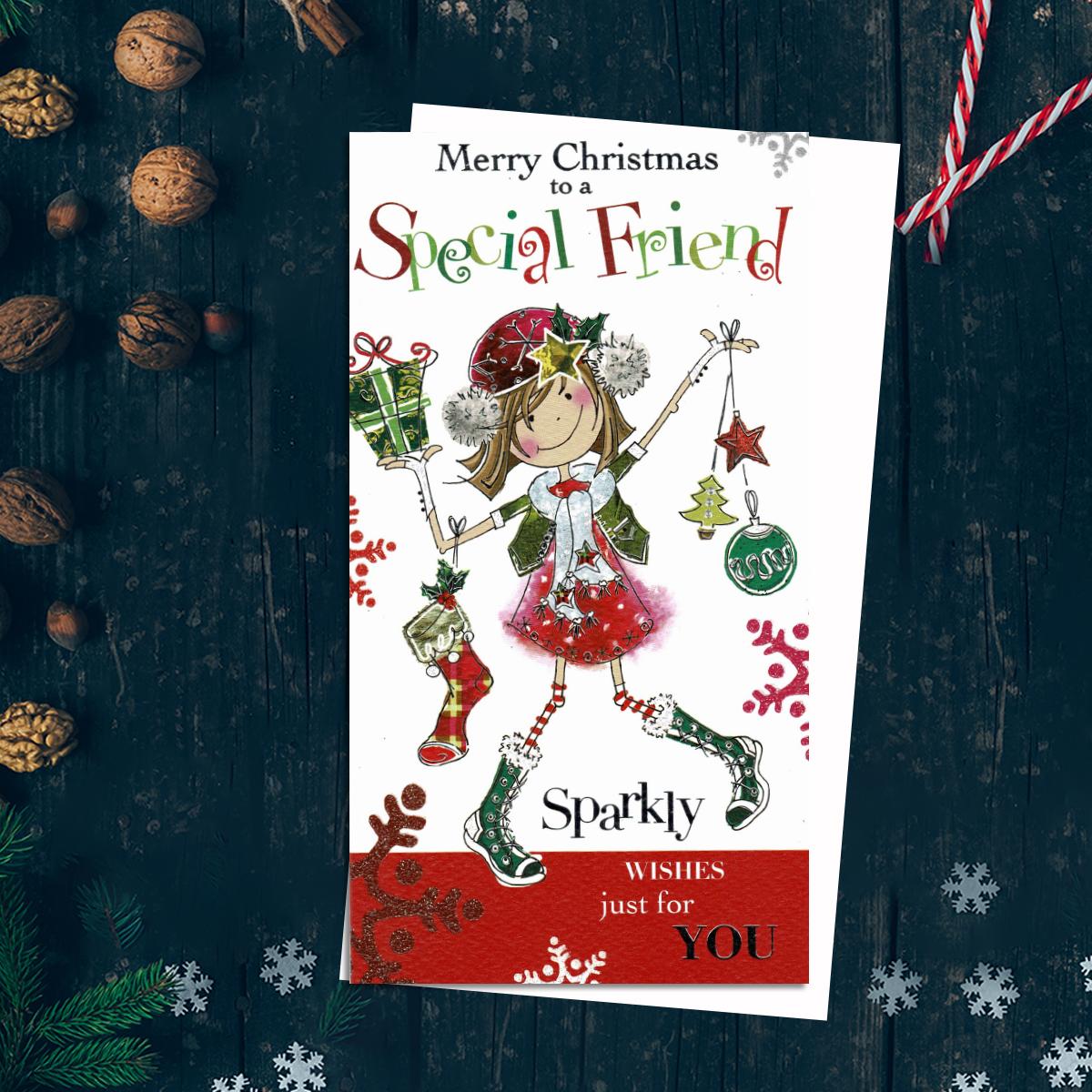 Merry Christmas Special Friend Sparkly Wishes Just For You Featuring A Cartoon Drawn Young Girl With Baubles,