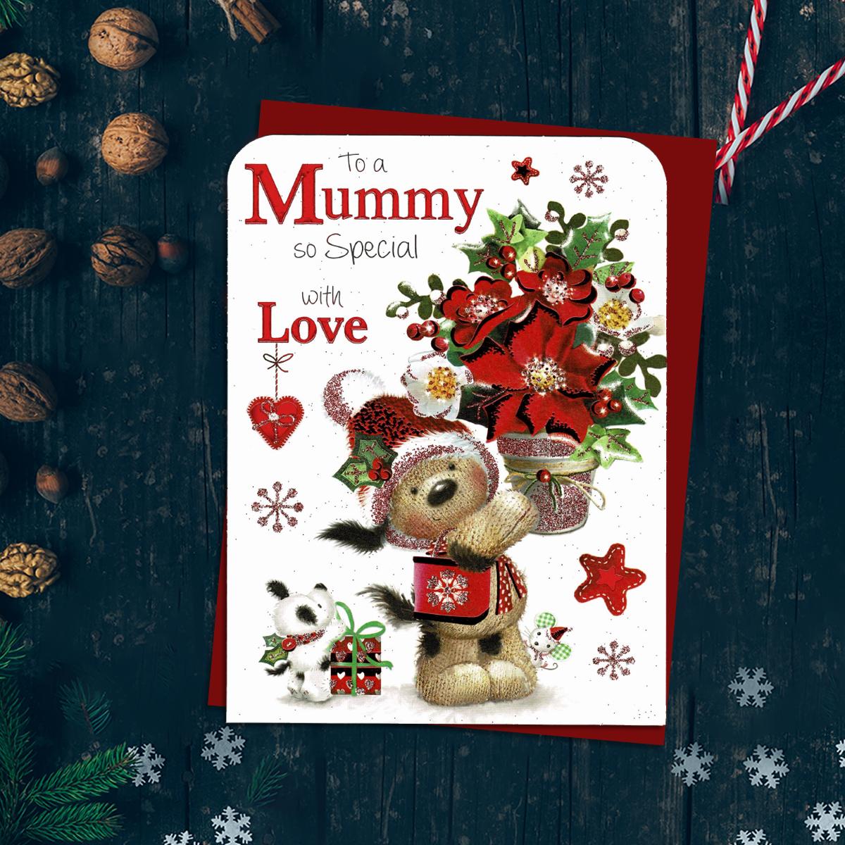 To A Mummy So Special With Love Featuring A Dog And Friends With A Huge Poinsettia! Finished With Red Foil Lettering, Red Glitter Detail And Red Envelope