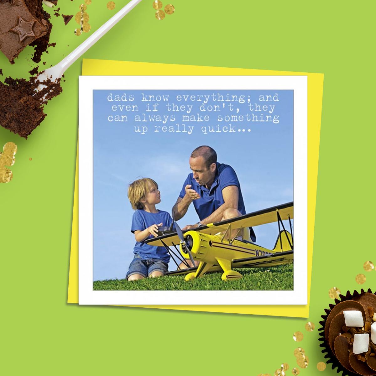 Beautiful Photographic Funny Card Showing A Man And A Young Boy Chatting By A Large Remote Control Aeroplane. Caption: Dads Know Everything; And Even If They Don't, They Can Always Make Somwething Up
