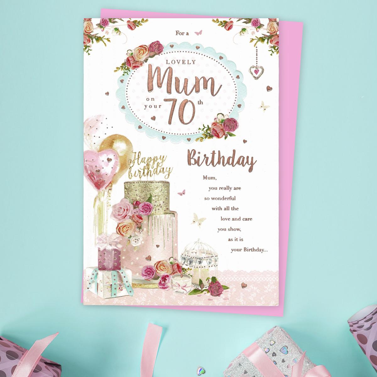 Mum Age 70 Birthday Card Alongside Its Light Pink Envelope
